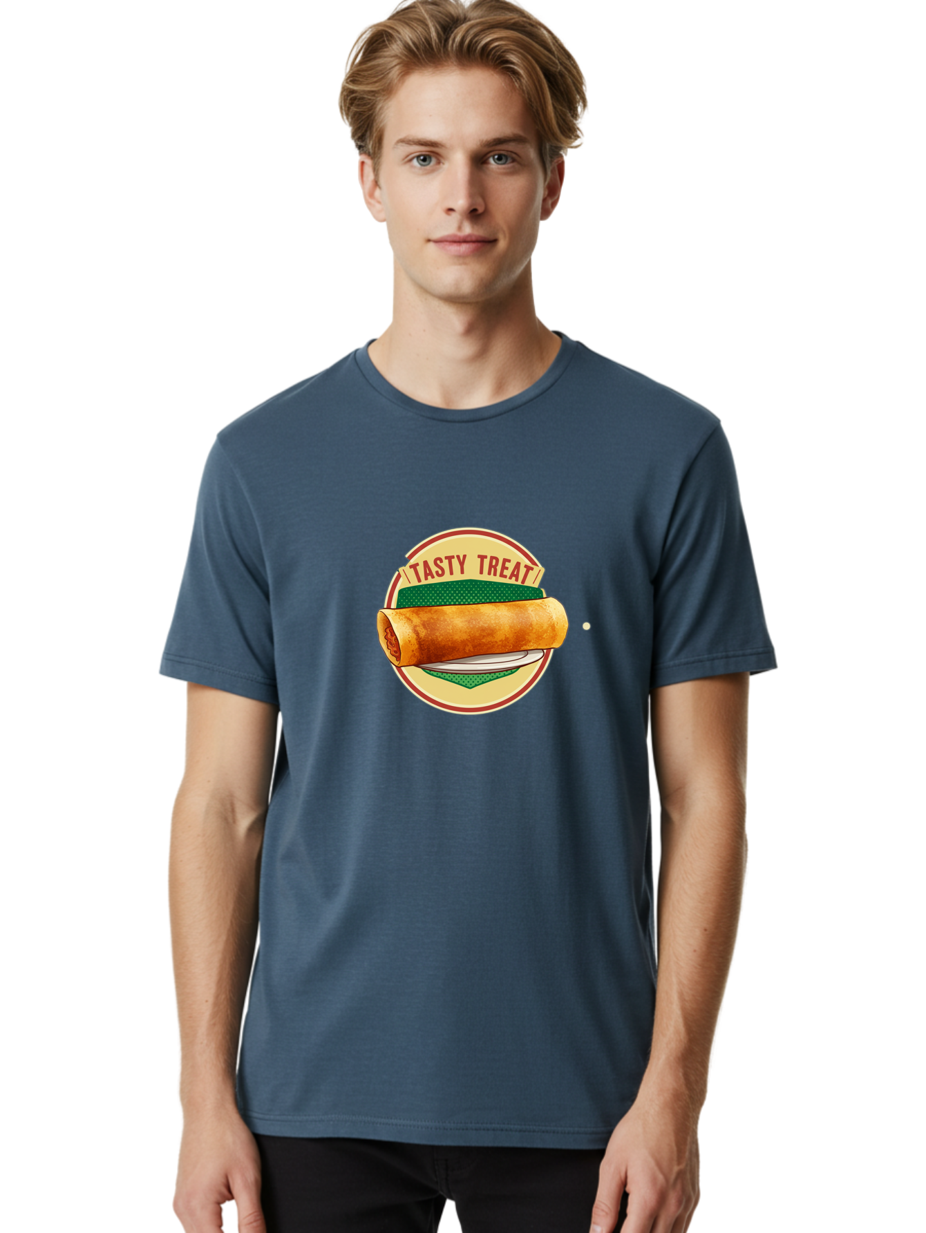Tasty-Treat-3 Men'S Graphic Tee, 100% Cotton, Comfortable Casual Summer Wear, Machine Washable, Spring Roll On Plate, Tasty Treat, Savory Delight, Golden Brown, Crispy Texture, Delicious Snack, Finger Food, Appetizing Bab512