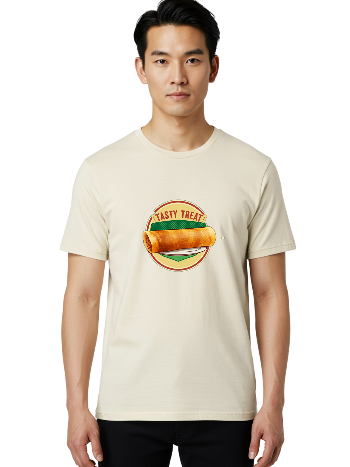 Tasty-Treat-3 Men'S Graphic Tee, 100% Cotton, Comfortable Casual Summer Wear, Machine Washable, Spring Roll On Plate, Tasty Treat, Savory Delight, Golden Brown, Crispy Texture, Delicious Snack, Finger Food, Appetizing Bab512