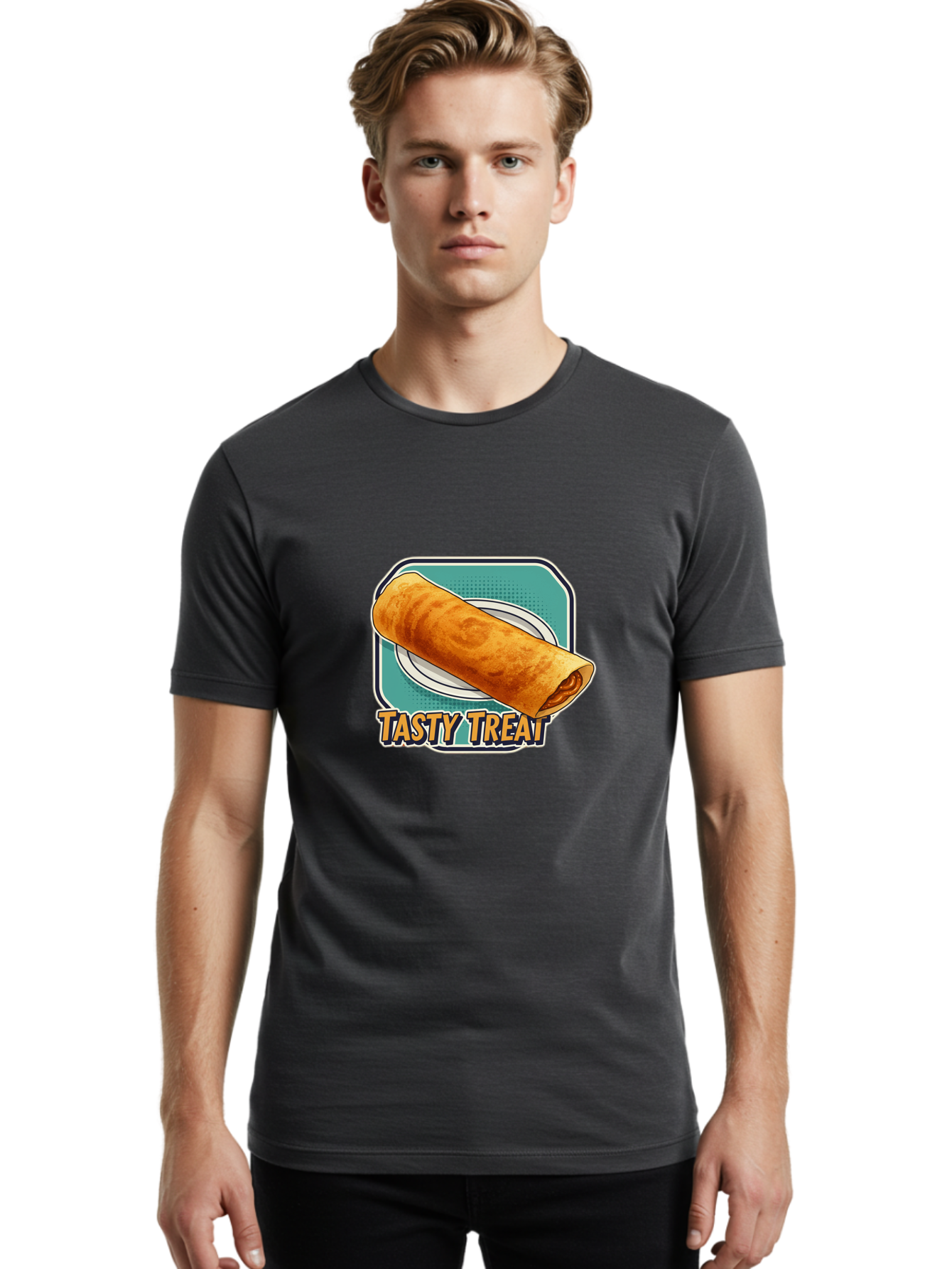 Tasty-Treat-9 Men'S Graphic Tee, 100% Cotton, Comfortable Casual Summer Wear, Machine Washable, Tasty Treat, Crepe On A Plate, Delicious Food, Savory Filling, Finger Food, Crepe, Rolled Pancake, Gourmet Snack Bab518