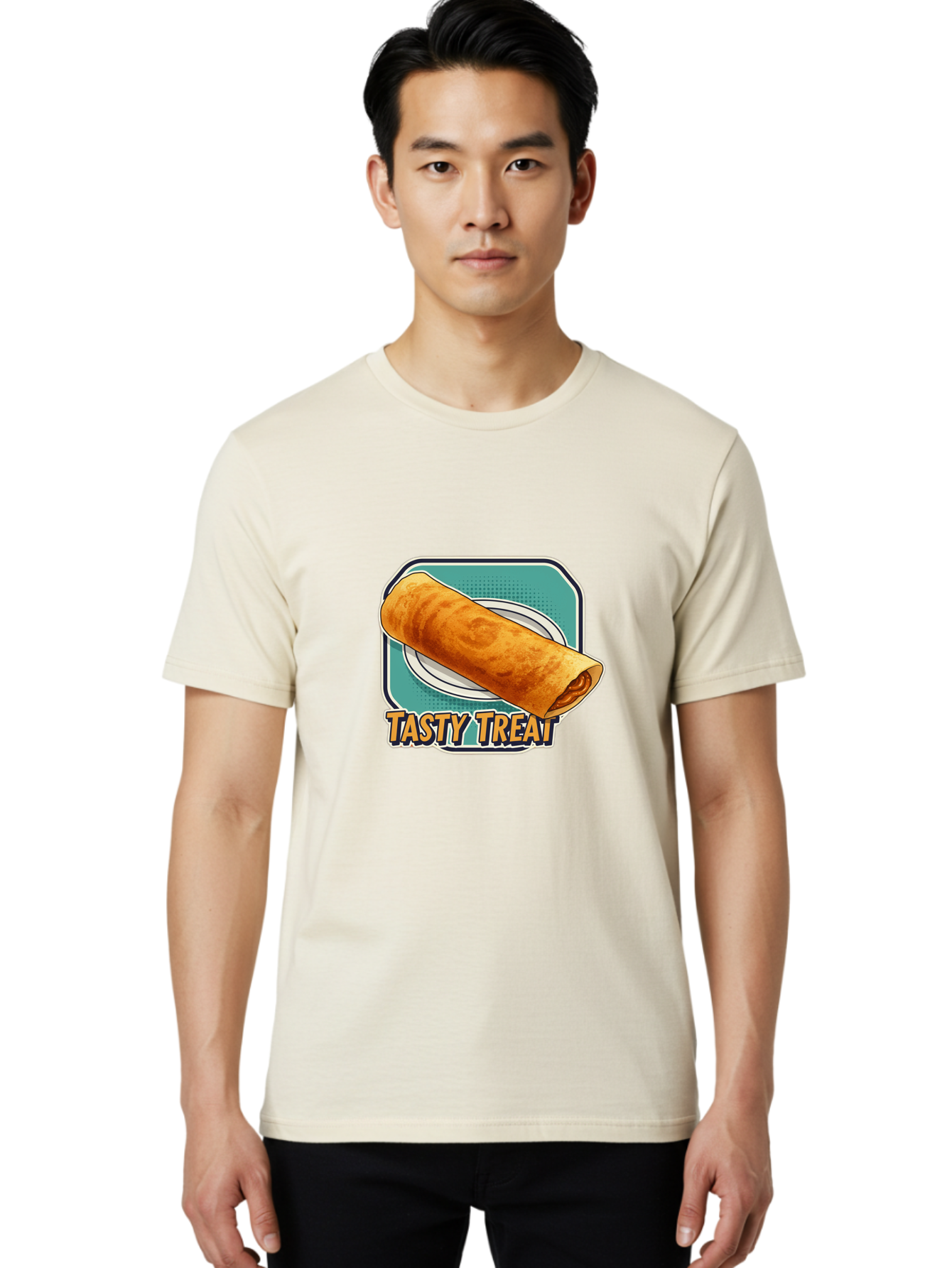 Tasty-Treat-9 Men'S Graphic Tee, 100% Cotton, Comfortable Casual Summer Wear, Machine Washable, Tasty Treat, Crepe On A Plate, Delicious Food, Savory Filling, Finger Food, Crepe, Rolled Pancake, Gourmet Snack Bab518