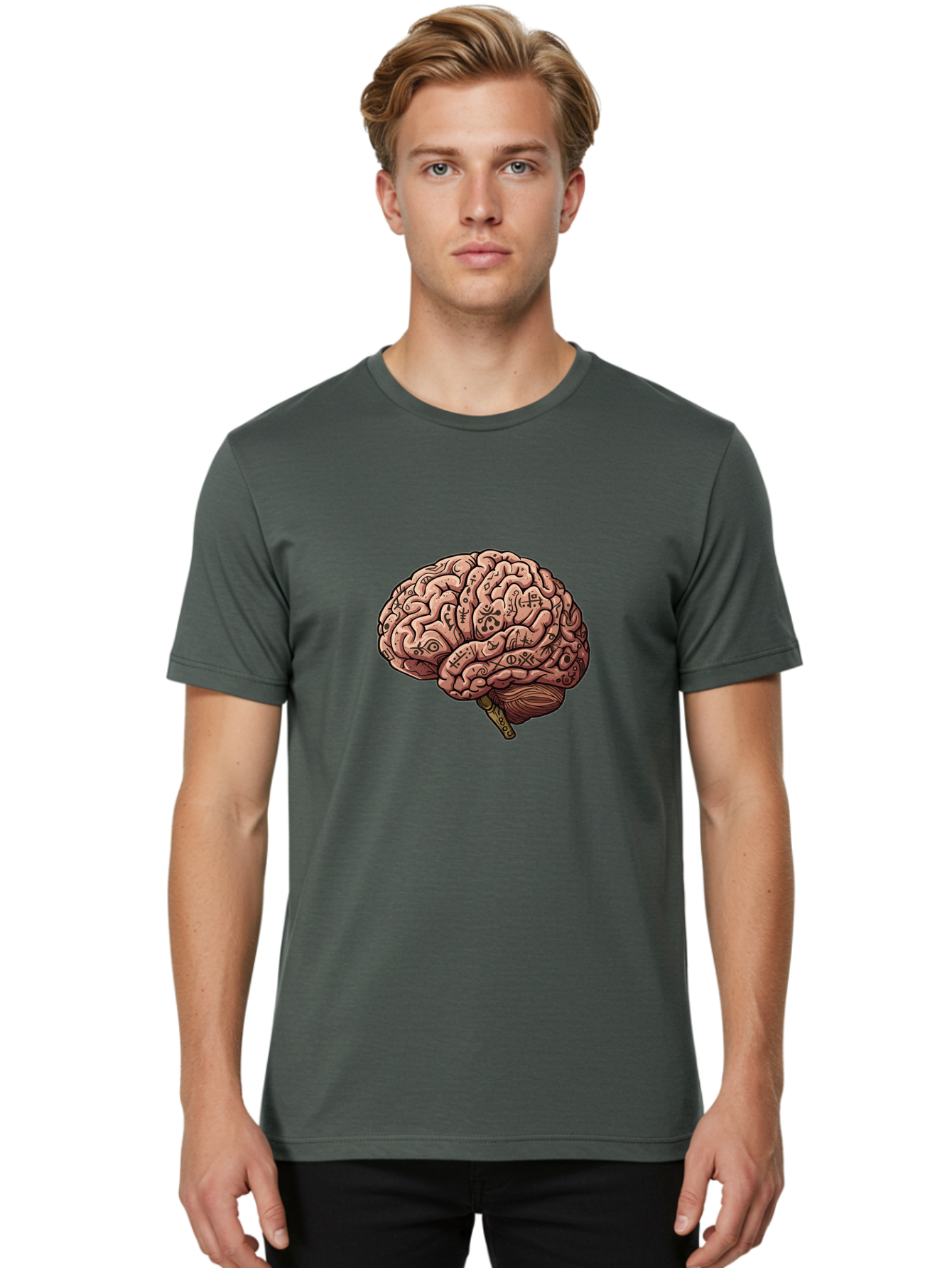 Tattooed-Brain Men'S Graphic Tee, 100% Cotton, Comfortable Casual Summer Wear, Machine Washable, Human Brain With Tattoos, Occult Symbols, Mystical Designs, Psychedelic Art, Surreal Illustration, Esoteric Patterns, Symbolic Imagery, Bab520