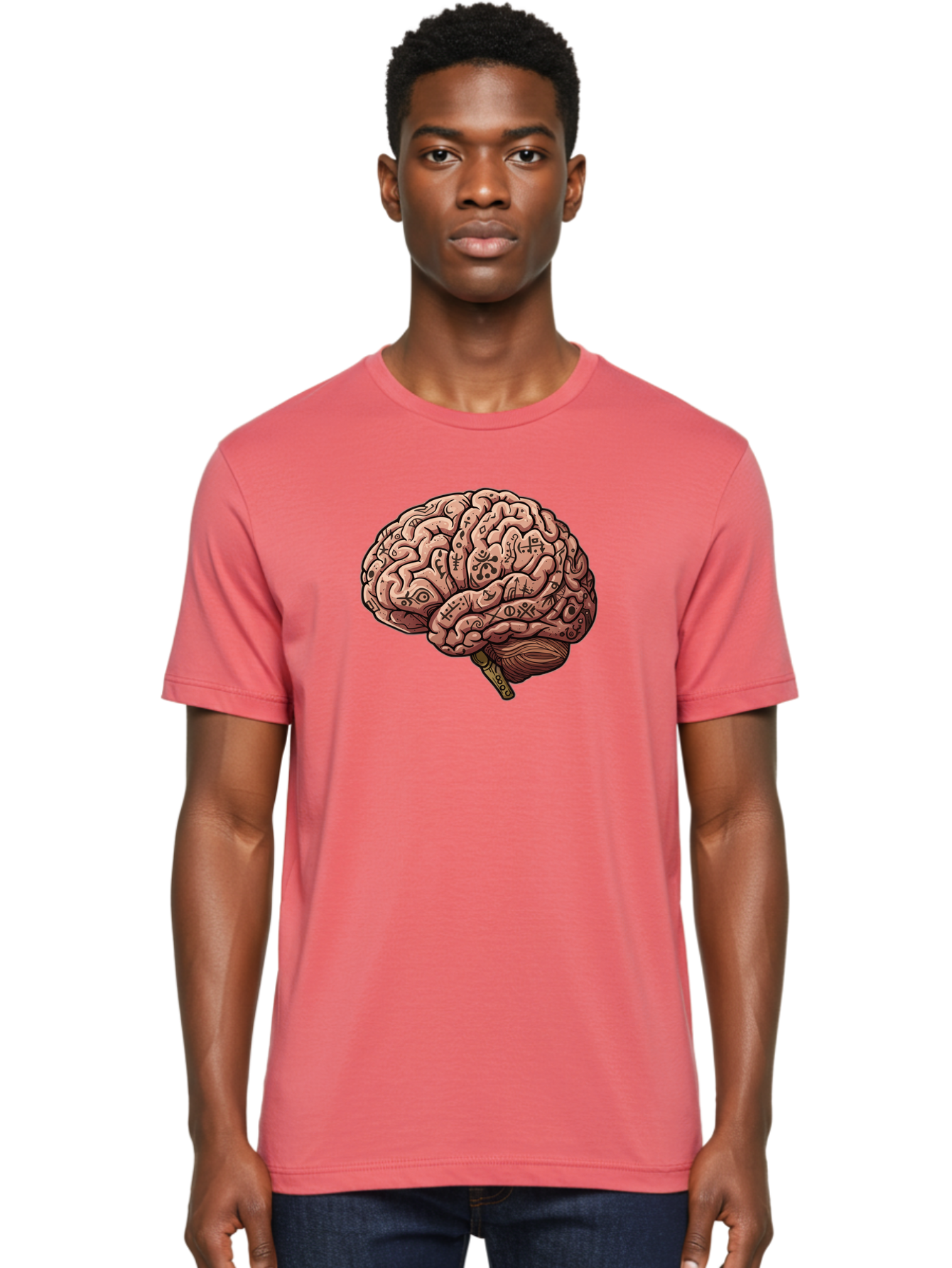 Tattooed-Brain Men'S Graphic Tee, 100% Cotton, Comfortable Casual Summer Wear, Machine Washable, Human Brain With Tattoos, Occult Symbols, Mystical Designs, Psychedelic Art, Surreal Illustration, Esoteric Patterns, Symbolic Imagery, Bab520