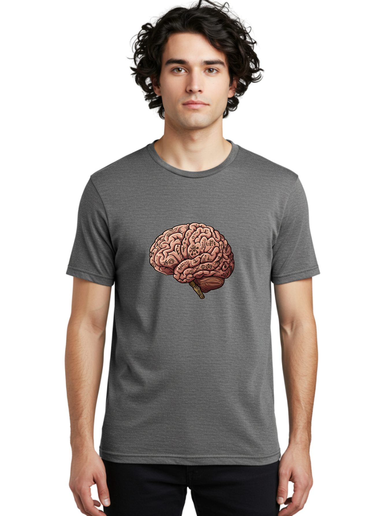 Tattooed-Brain Men'S Graphic Tee, 100% Cotton, Comfortable Casual Summer Wear, Machine Washable, Human Brain With Tattoos, Occult Symbols, Mystical Designs, Psychedelic Art, Surreal Illustration, Esoteric Patterns, Symbolic Imagery, Bab520