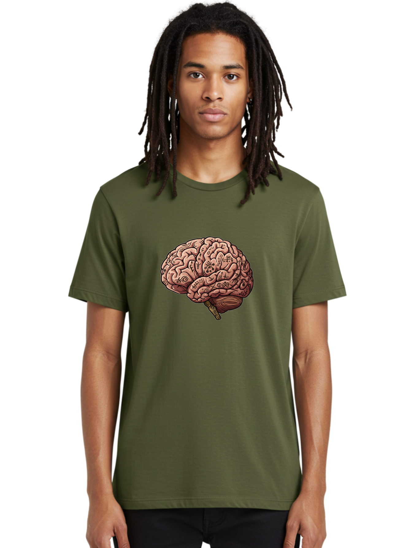 Tattooed-Brain Men'S Graphic Tee, 100% Cotton, Comfortable Casual Summer Wear, Machine Washable, Human Brain With Tattoos, Occult Symbols, Mystical Designs, Psychedelic Art, Surreal Illustration, Esoteric Patterns, Symbolic Imagery, Bab520