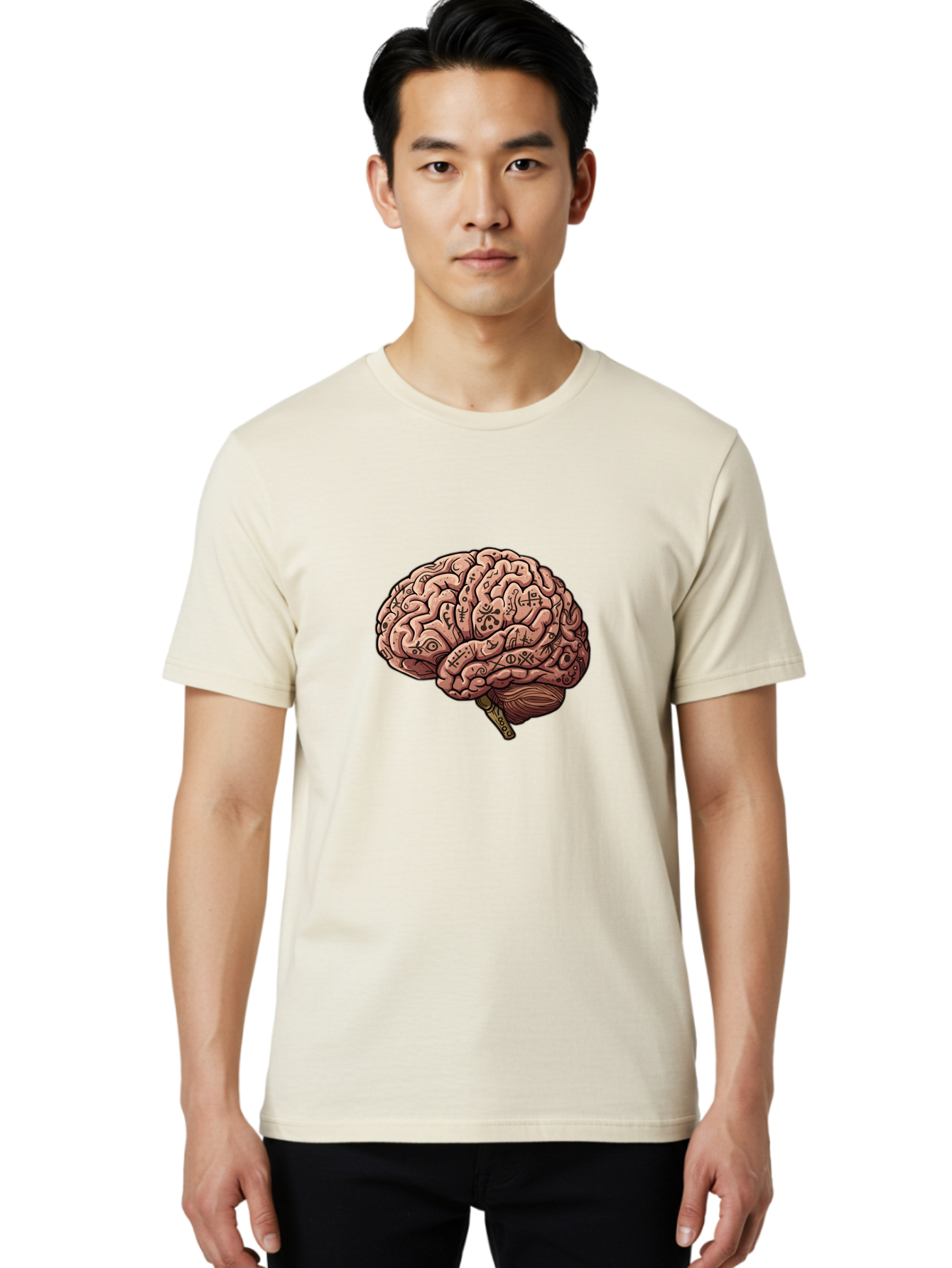 Tattooed-Brain Men'S Graphic Tee, 100% Cotton, Comfortable Casual Summer Wear, Machine Washable, Human Brain With Tattoos, Occult Symbols, Mystical Designs, Psychedelic Art, Surreal Illustration, Esoteric Patterns, Symbolic Imagery, Bab520