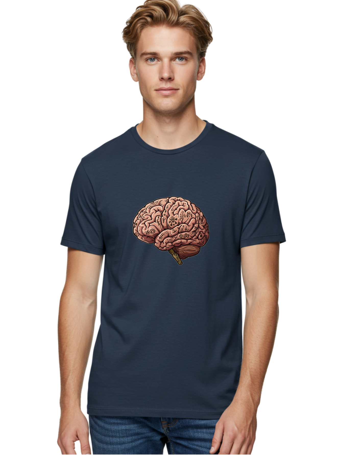 Tattooed-Brain Men'S Graphic Tee, 100% Cotton, Comfortable Casual Summer Wear, Machine Washable, Human Brain With Tattoos, Occult Symbols, Mystical Designs, Psychedelic Art, Surreal Illustration, Esoteric Patterns, Symbolic Imagery, Bab520