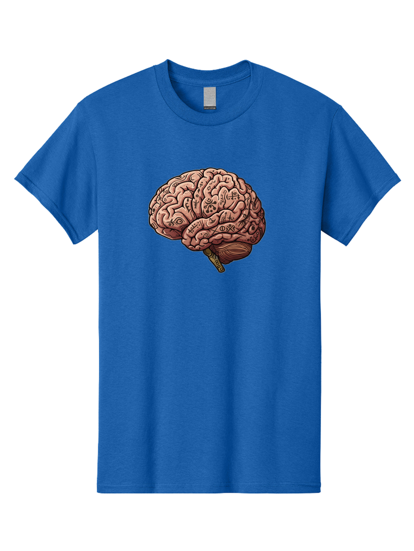 Tattooed-Brain Men'S Graphic Tee, 100% Cotton, Comfortable Casual Summer Wear, Machine Washable, Human Brain With Tattoos, Occult Symbols, Mystical Designs, Psychedelic Art, Surreal Illustration, Esoteric Patterns, Symbolic Imagery, Bab520