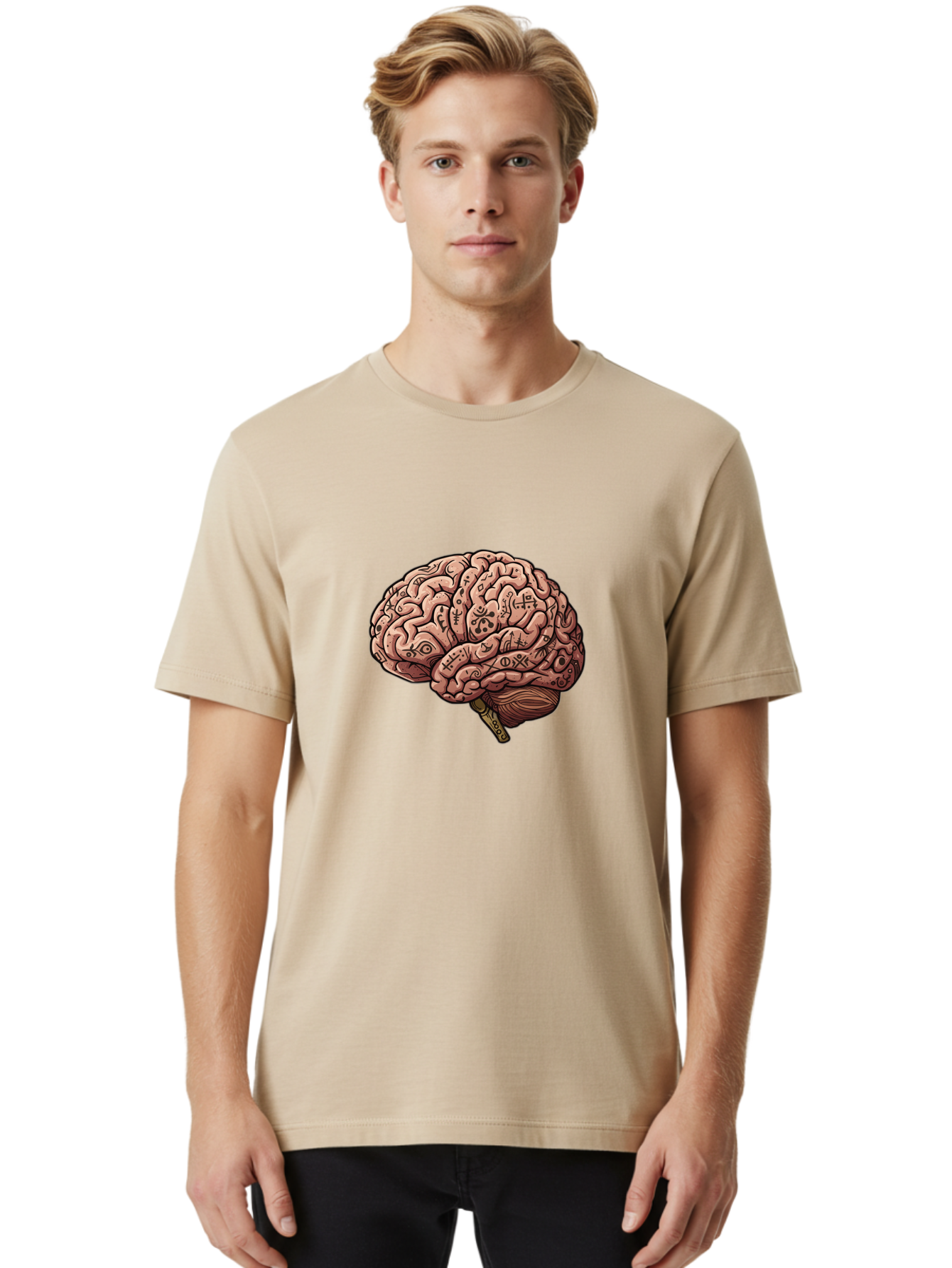Tattooed-Brain Men'S Graphic Tee, 100% Cotton, Comfortable Casual Summer Wear, Machine Washable, Human Brain With Tattoos, Occult Symbols, Mystical Designs, Psychedelic Art, Surreal Illustration, Esoteric Patterns, Symbolic Imagery, Bab520