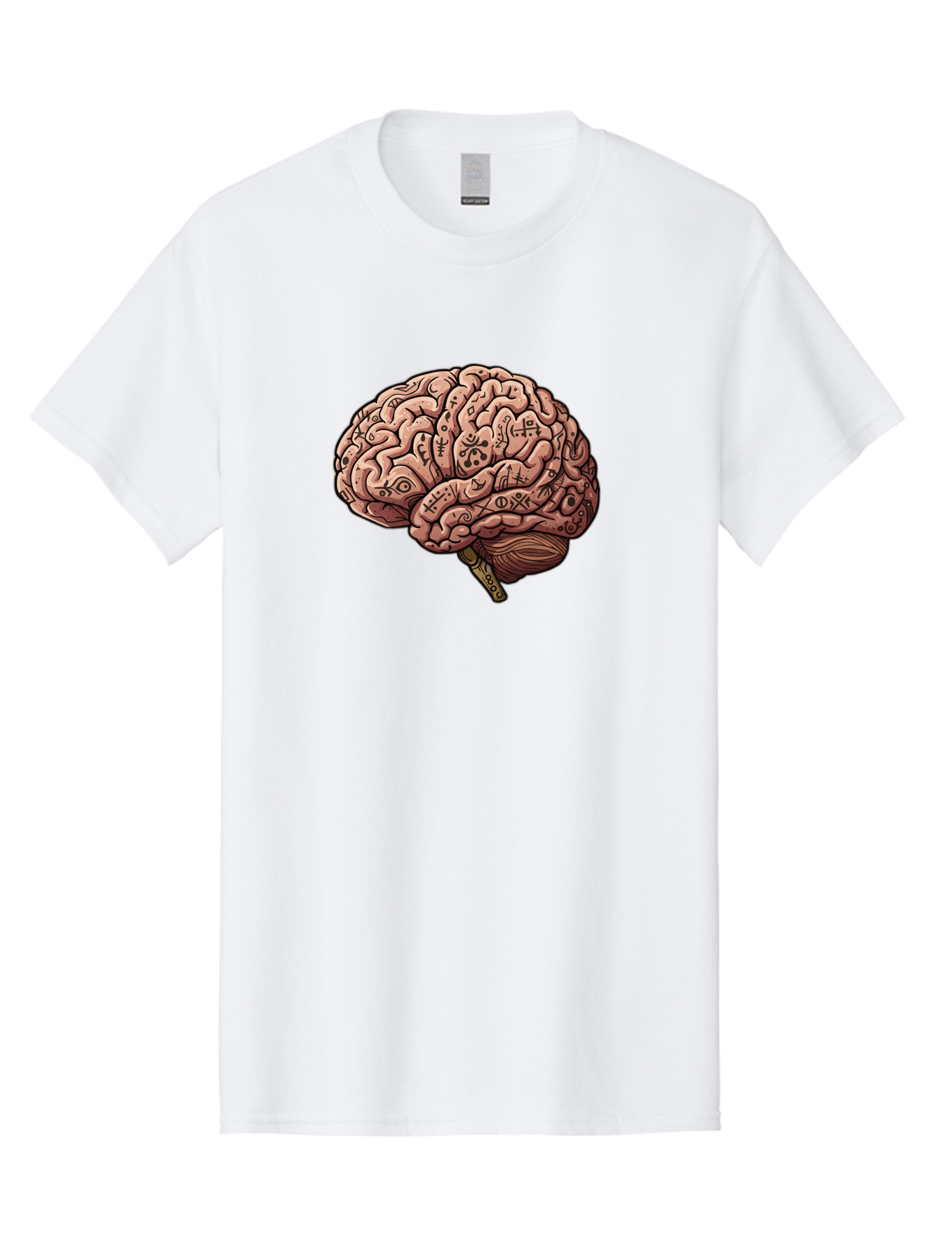 Tattooed-Brain Men'S Graphic Tee, 100% Cotton, Comfortable Casual Summer Wear, Machine Washable, Human Brain With Tattoos, Occult Symbols, Mystical Designs, Psychedelic Art, Surreal Illustration, Esoteric Patterns, Symbolic Imagery, Bab520