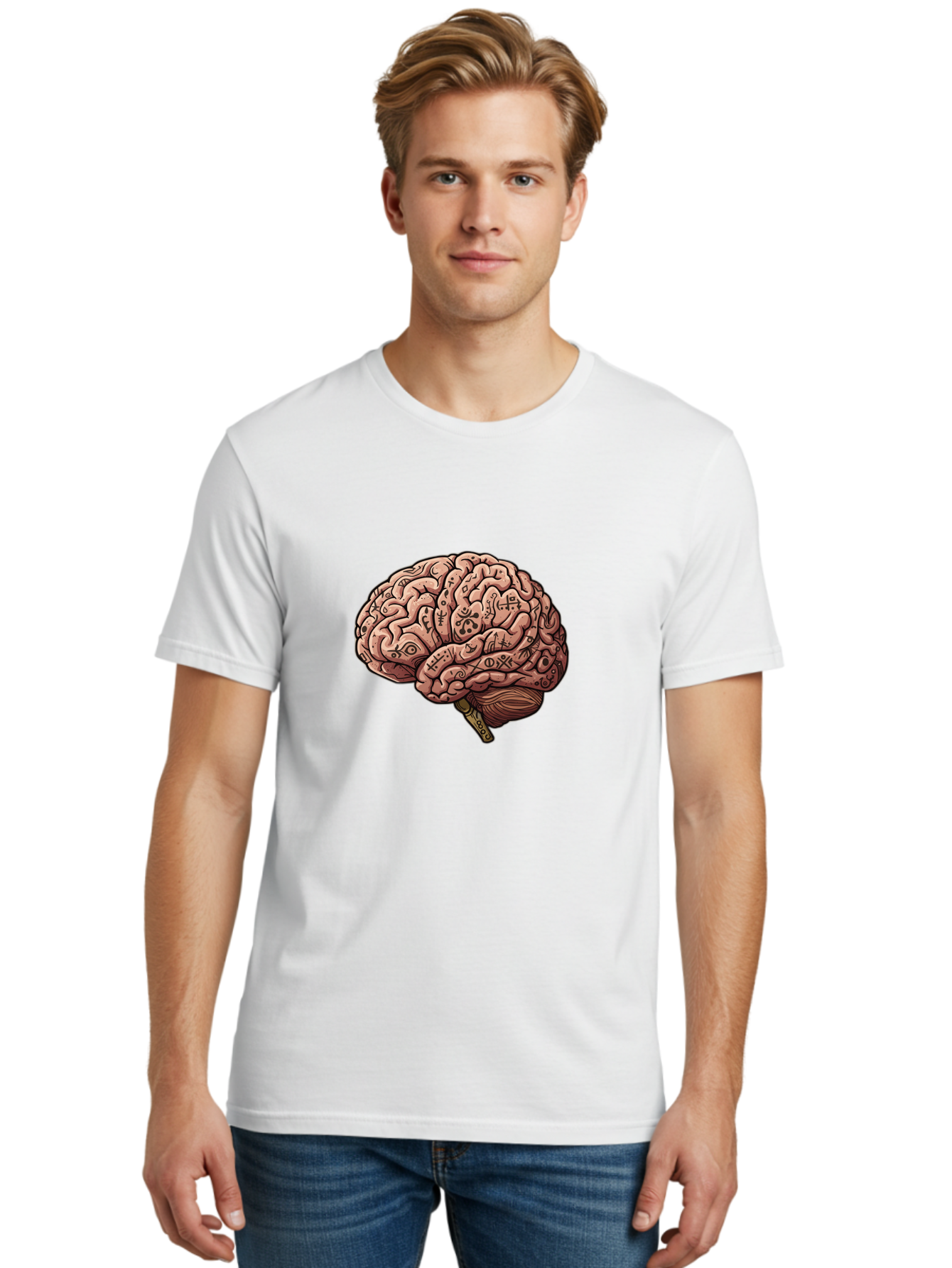 Tattooed-Brain Men'S Graphic Tee, 100% Cotton, Comfortable Casual Summer Wear, Machine Washable, Human Brain With Tattoos, Occult Symbols, Mystical Designs, Psychedelic Art, Surreal Illustration, Esoteric Patterns, Symbolic Imagery, Bab520