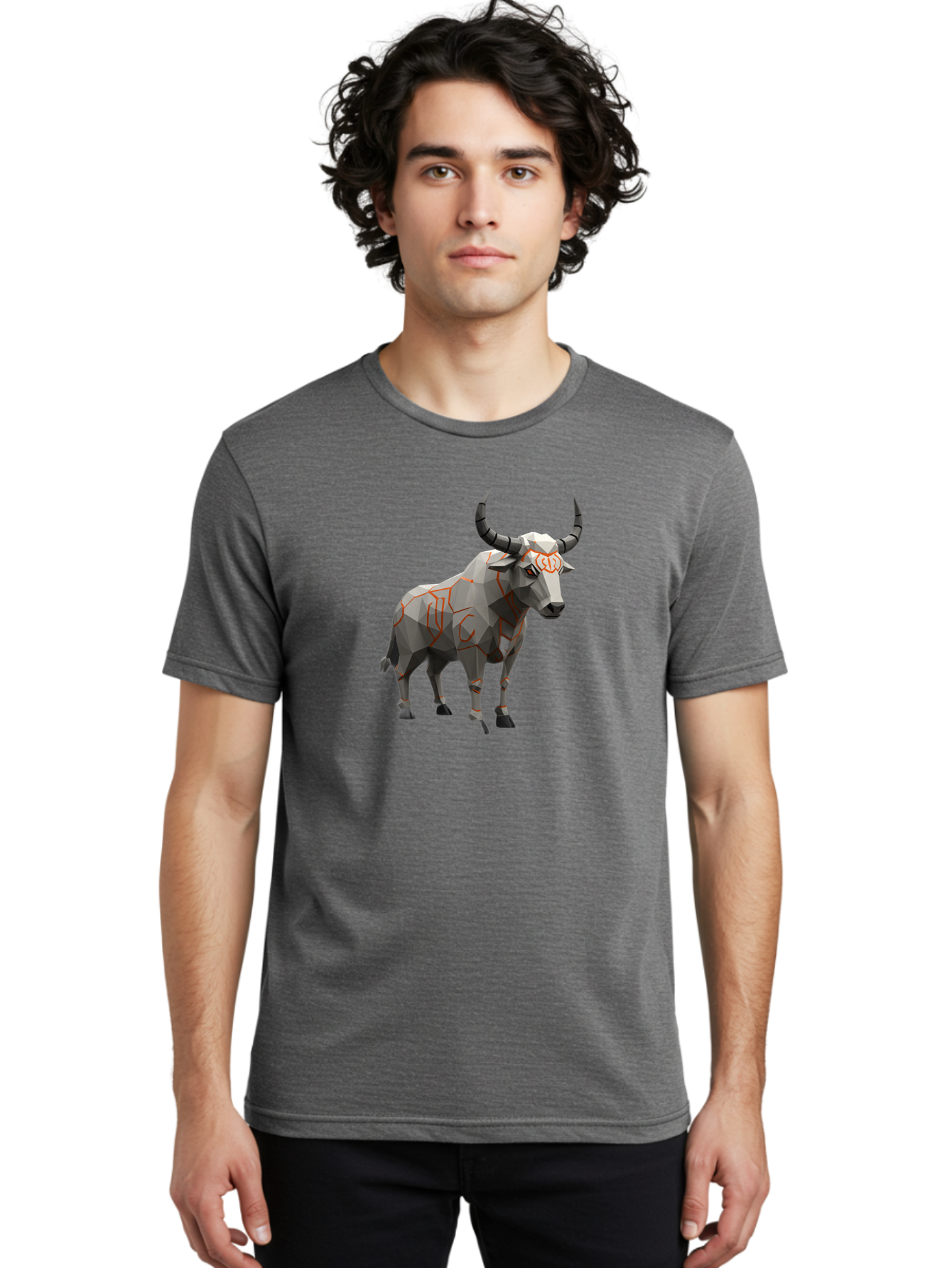 Taurus Men'S Graphic Tee, 100% Cotton, Comfortable Casual Summer Wear, Machine Washable, Low Poly Art, Geometric Bull, Abstract Animal Design, Modern Illustration, Gray And Orange Colors, 3D Style, Futuristic Artwork, Taurus Symbol Bab521