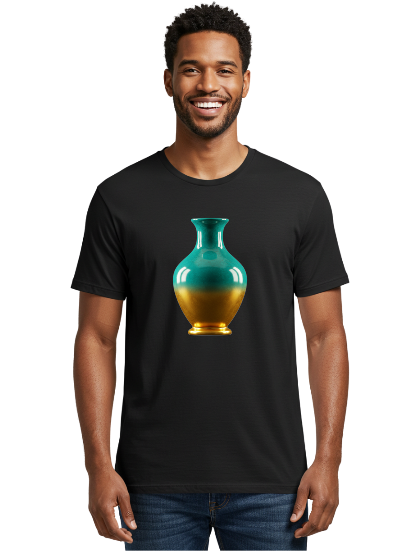 Teal-Gold-Vase Men'S Graphic Tee, 100% Cotton, Comfortable Casual Summer Wear, Machine Washable, Ceramic Vase, Teal And Gold Vase, Glossy Finish, Gradient Colors, Decorative Vase, Home Decor, Elegant Design, Modern Pottery, Bab522