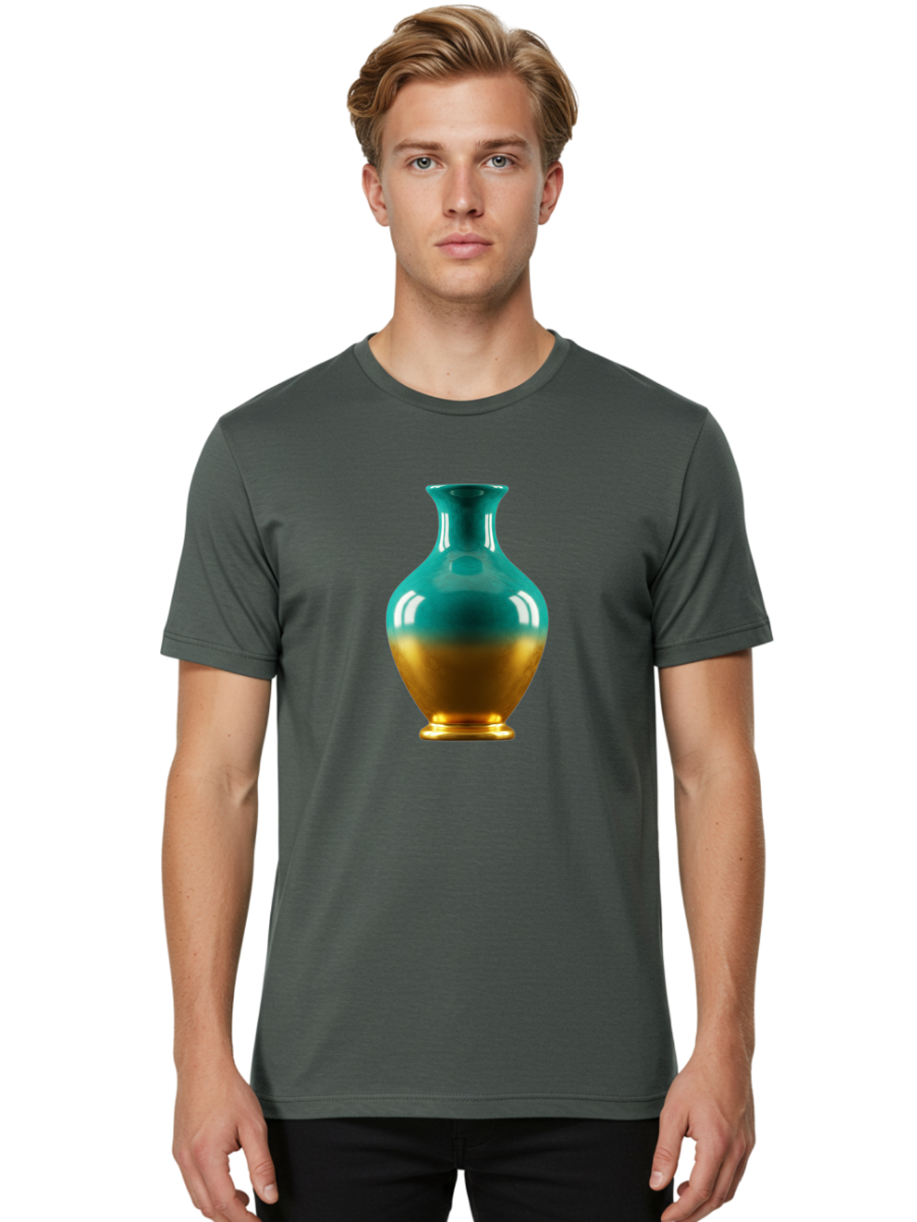 Teal-Gold-Vase Men'S Graphic Tee, 100% Cotton, Comfortable Casual Summer Wear, Machine Washable, Ceramic Vase, Teal And Gold Vase, Glossy Finish, Gradient Colors, Decorative Vase, Home Decor, Elegant Design, Modern Pottery, Bab522