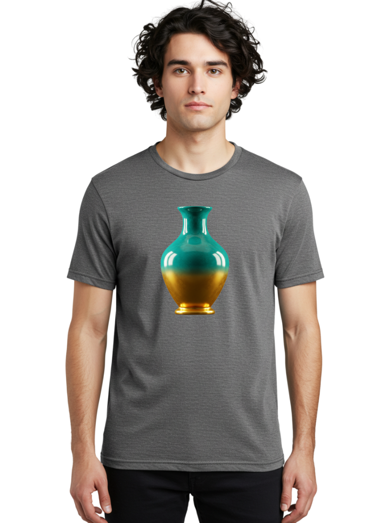 Teal-Gold-Vase Men'S Graphic Tee, 100% Cotton, Comfortable Casual Summer Wear, Machine Washable, Ceramic Vase, Teal And Gold Vase, Glossy Finish, Gradient Colors, Decorative Vase, Home Decor, Elegant Design, Modern Pottery, Bab522
