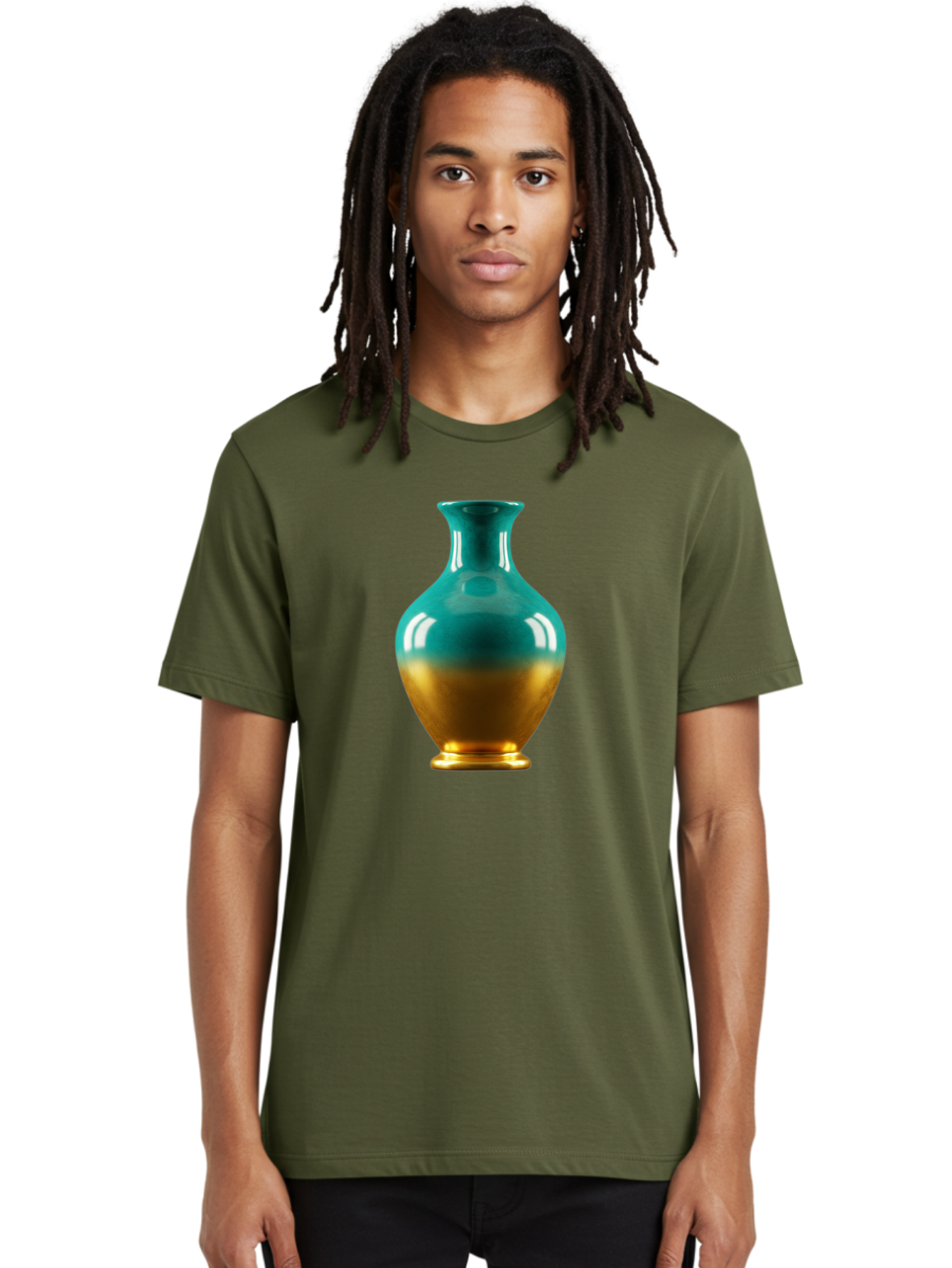 Teal-Gold-Vase Men'S Graphic Tee, 100% Cotton, Comfortable Casual Summer Wear, Machine Washable, Ceramic Vase, Teal And Gold Vase, Glossy Finish, Gradient Colors, Decorative Vase, Home Decor, Elegant Design, Modern Pottery, Bab522