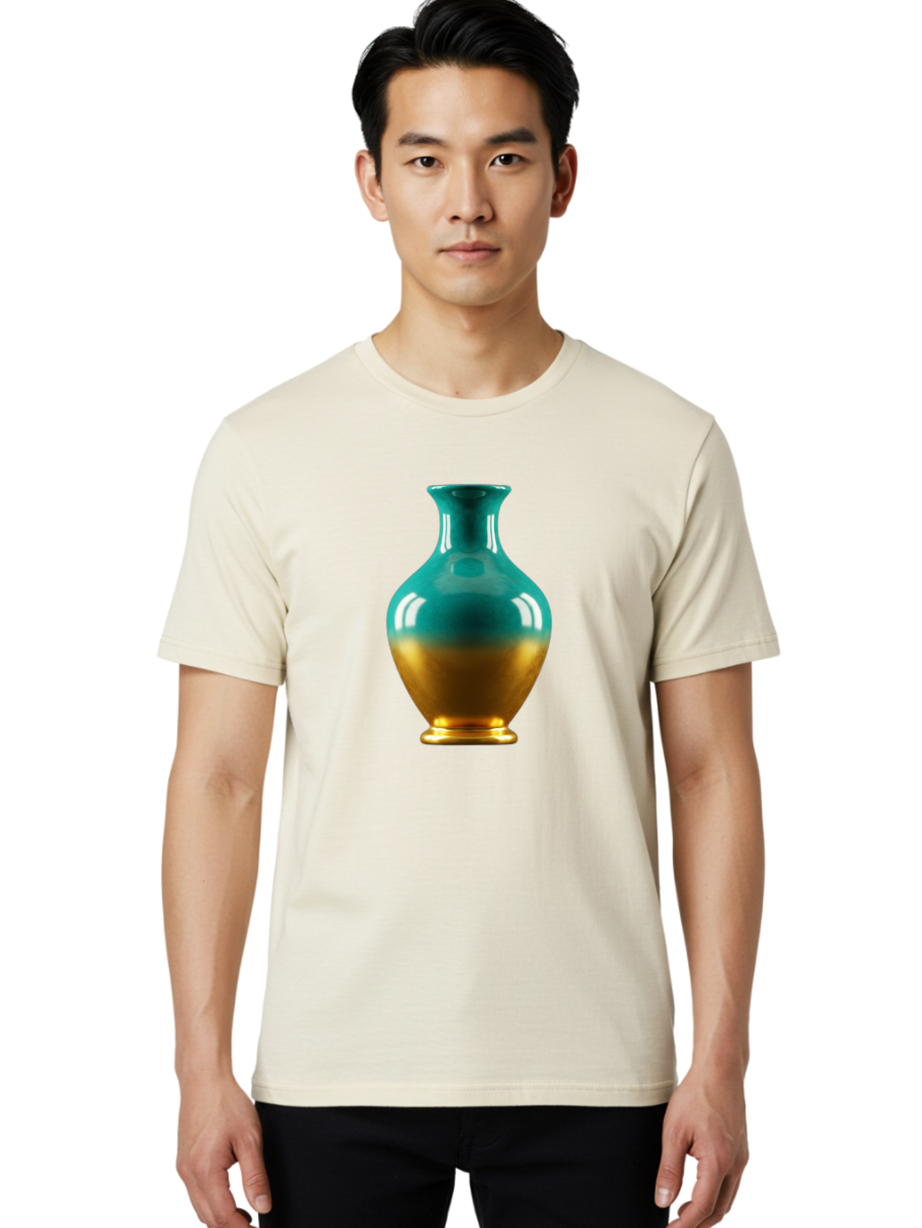 Teal-Gold-Vase Men'S Graphic Tee, 100% Cotton, Comfortable Casual Summer Wear, Machine Washable, Ceramic Vase, Teal And Gold Vase, Glossy Finish, Gradient Colors, Decorative Vase, Home Decor, Elegant Design, Modern Pottery, Bab522