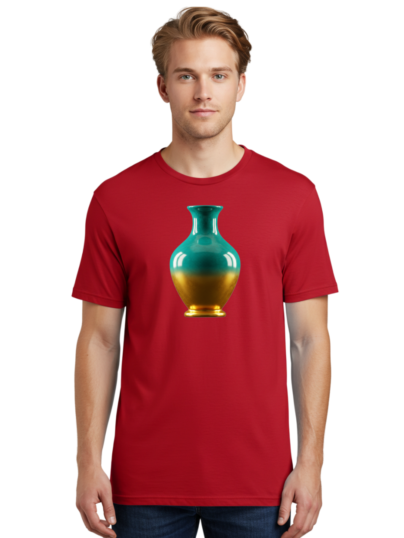 Teal-Gold-Vase Men'S Graphic Tee, 100% Cotton, Comfortable Casual Summer Wear, Machine Washable, Ceramic Vase, Teal And Gold Vase, Glossy Finish, Gradient Colors, Decorative Vase, Home Decor, Elegant Design, Modern Pottery, Bab522
