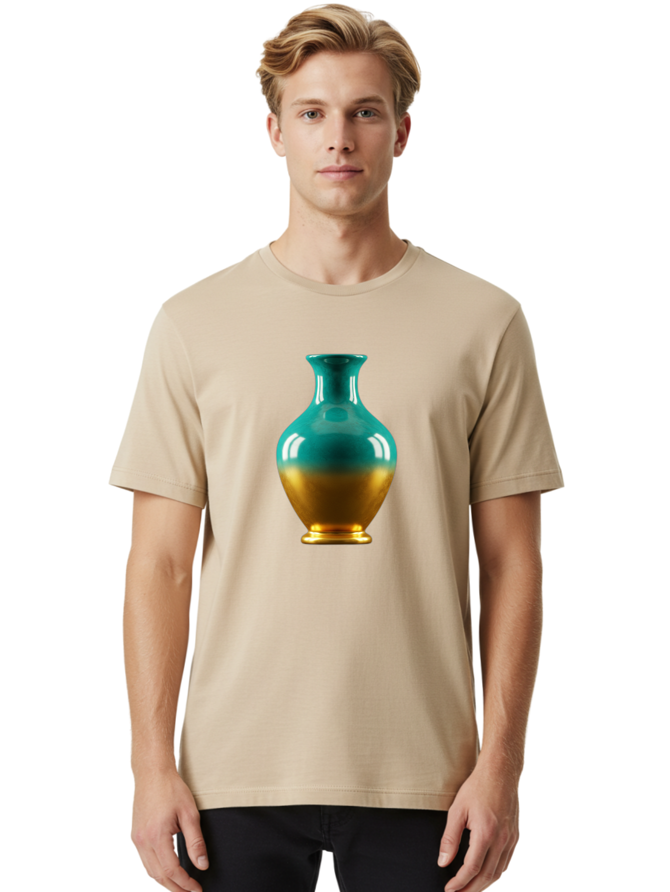 Teal-Gold-Vase Men'S Graphic Tee, 100% Cotton, Comfortable Casual Summer Wear, Machine Washable, Ceramic Vase, Teal And Gold Vase, Glossy Finish, Gradient Colors, Decorative Vase, Home Decor, Elegant Design, Modern Pottery, Bab522