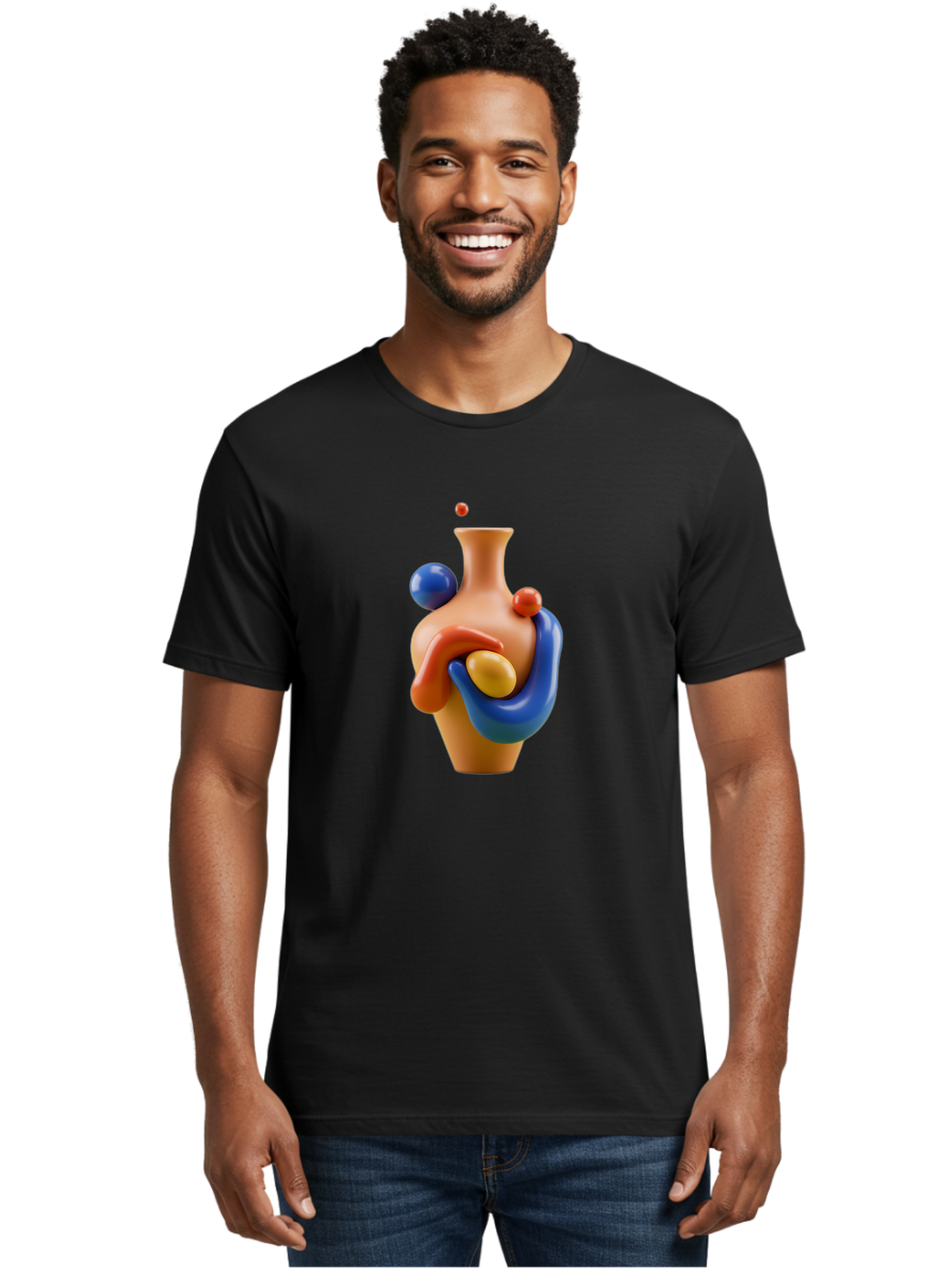 Terracotta-Vase Men'S Graphic Tee, 100% Cotton, Comfortable Casual Summer Wear, Machine Washable, 3D Illustration, Abstract Art, Colorful Vase, Flowing Shapes, Creative Design, Modern Decoration, Artistic Expression, Unique Sculpture Bab527