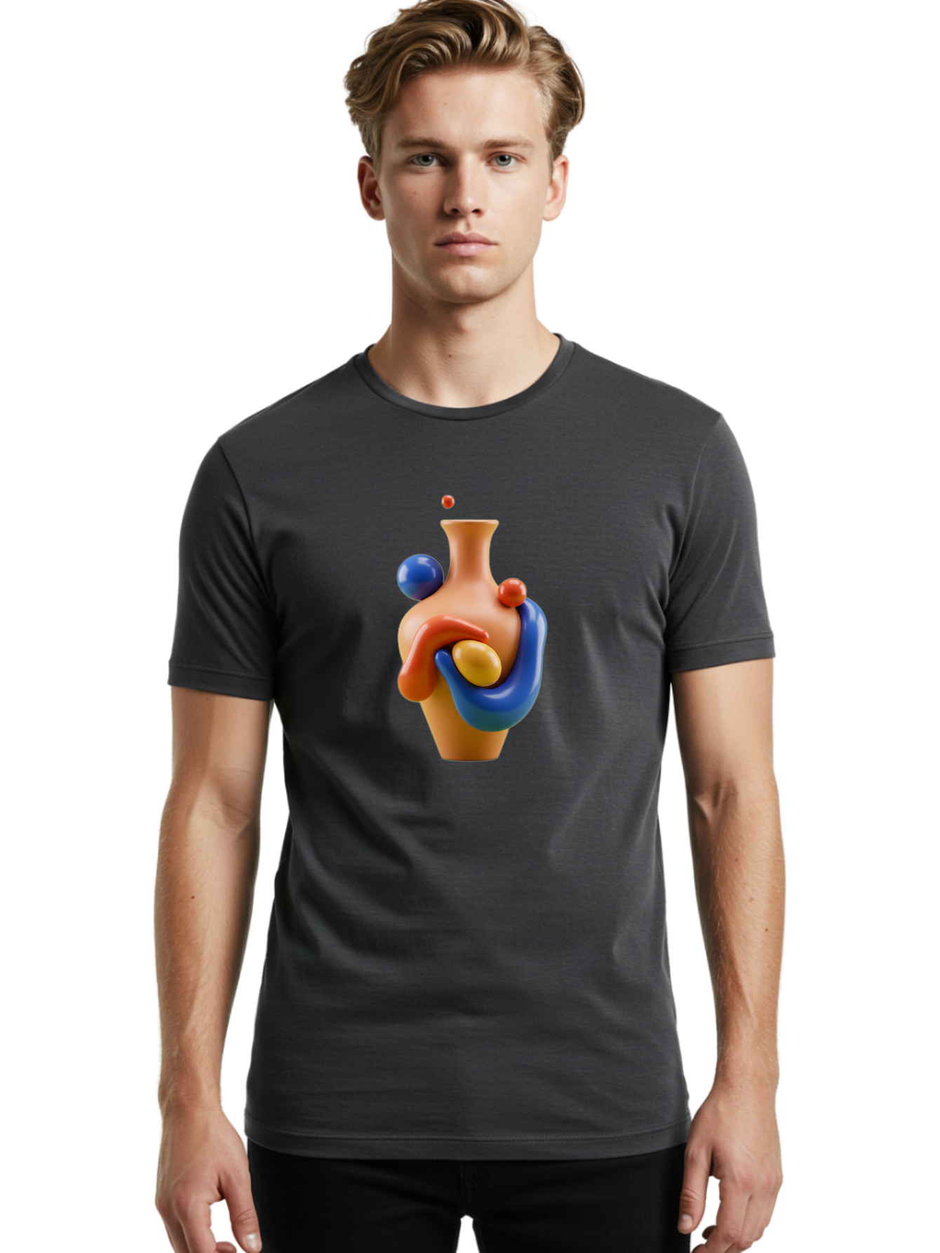 Terracotta-Vase Men'S Graphic Tee, 100% Cotton, Comfortable Casual Summer Wear, Machine Washable, 3D Illustration, Abstract Art, Colorful Vase, Flowing Shapes, Creative Design, Modern Decoration, Artistic Expression, Unique Sculpture Bab527