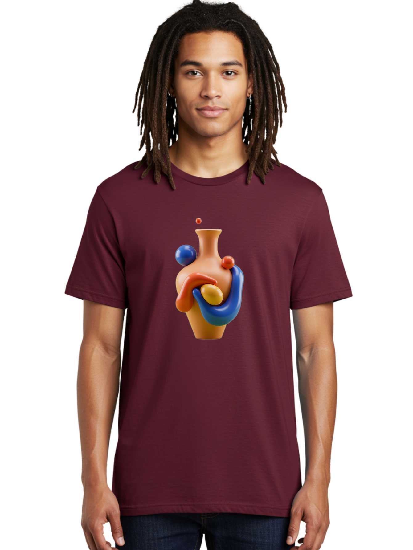 Terracotta-Vase Men'S Graphic Tee, 100% Cotton, Comfortable Casual Summer Wear, Machine Washable, 3D Illustration, Abstract Art, Colorful Vase, Flowing Shapes, Creative Design, Modern Decoration, Artistic Expression, Unique Sculpture Bab527