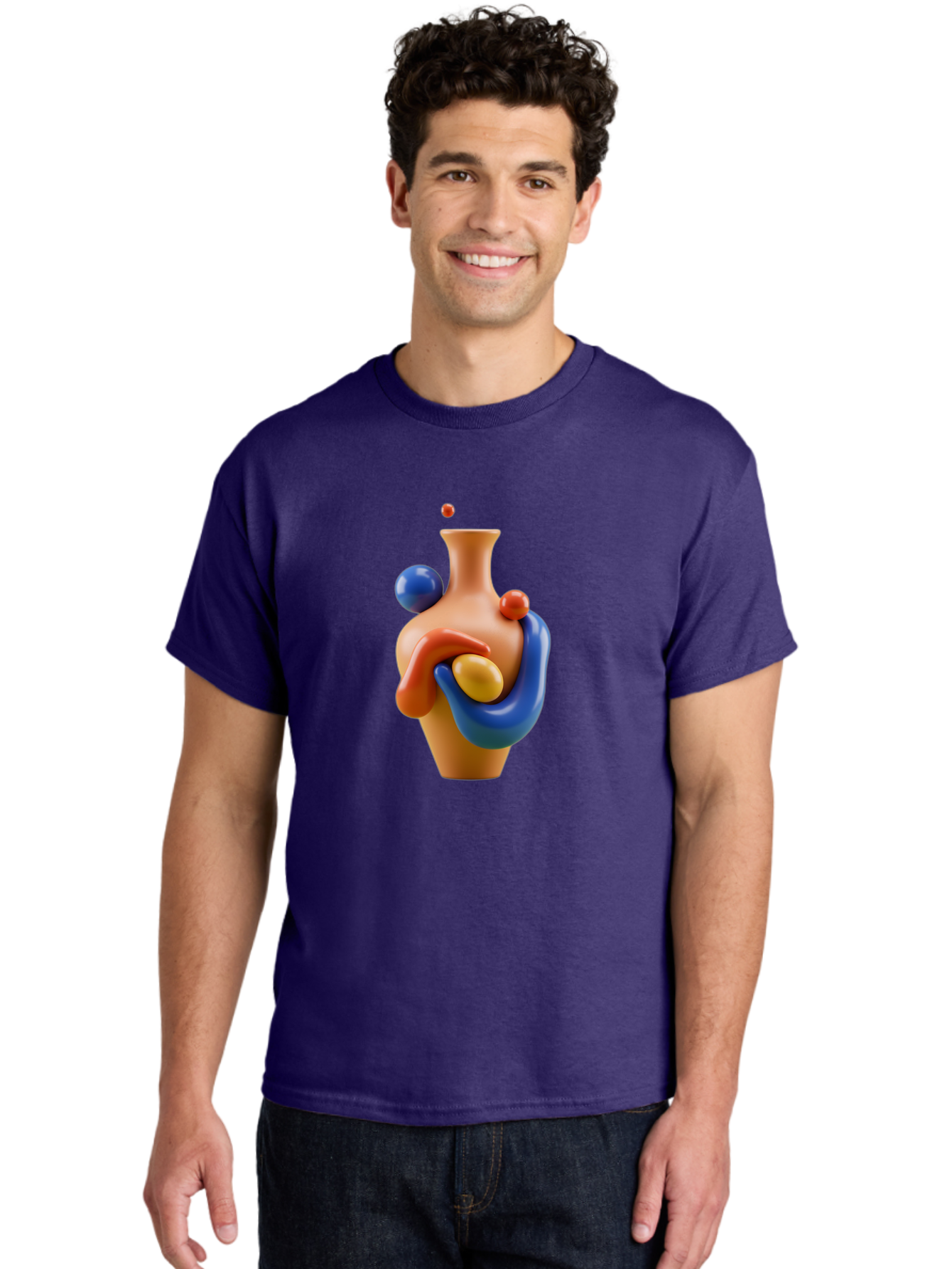Terracotta-Vase Men'S Graphic Tee, 100% Cotton, Comfortable Casual Summer Wear, Machine Washable, 3D Illustration, Abstract Art, Colorful Vase, Flowing Shapes, Creative Design, Modern Decoration, Artistic Expression, Unique Sculpture Bab527