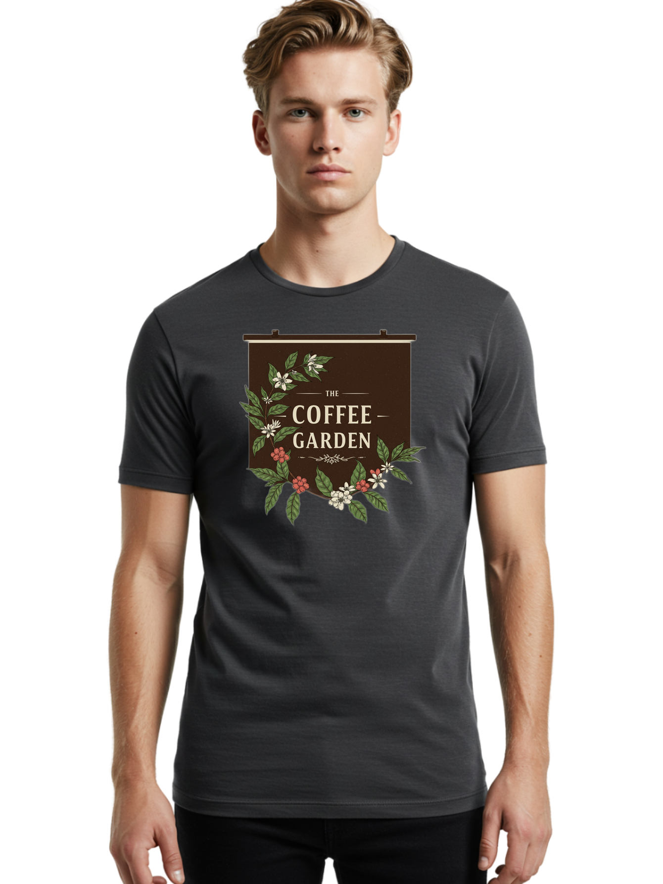 The-Coffee-Garden Men'S Graphic Tee, 100% Cotton, Comfortable Casual Summer Wear, Machine Washable, Coffee Shop Signage, Floral Designs, Vintage Typography, Coffee Culture, Garden Theme, Rustic Charm, Coffeehouse Decor, Inviting Atmosphere, Bab529