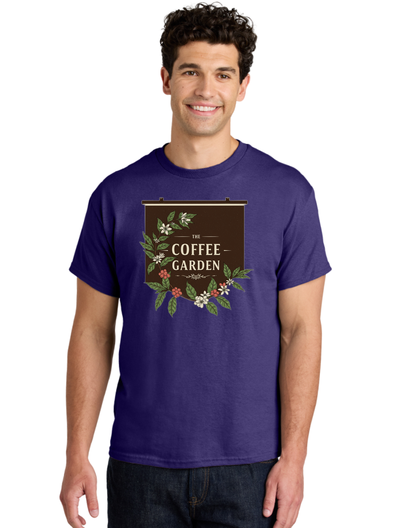The-Coffee-Garden Men'S Graphic Tee, 100% Cotton, Comfortable Casual Summer Wear, Machine Washable, Coffee Shop Signage, Floral Designs, Vintage Typography, Coffee Culture, Garden Theme, Rustic Charm, Coffeehouse Decor, Inviting Atmosphere, Bab529