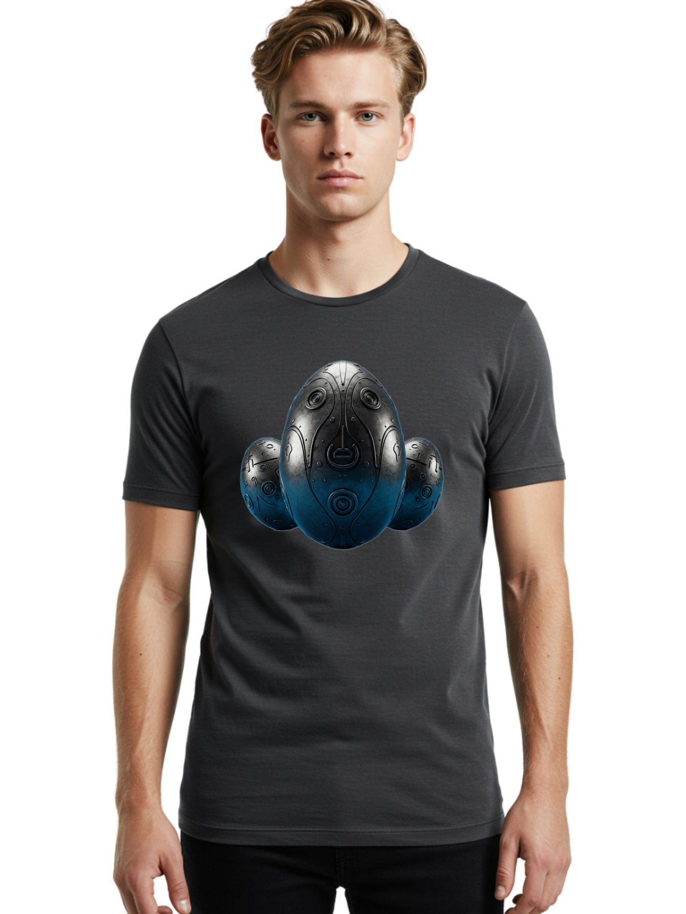 Three-Black-Eggs Men'S Graphic Tee, 100% Cotton, Comfortable Casual Summer Wear, Machine Washable, Futuristic Egg-Shaped Objects, Metallic Surface, Sci-Fi Elements, Egg Designs, Abstract Shapes, Digital Art, Robotic Features Bab531