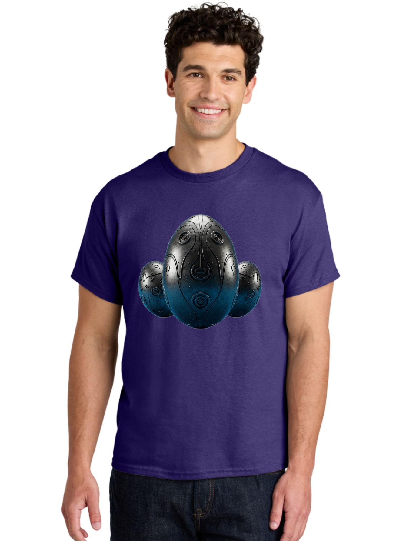 Three-Black-Eggs Men'S Graphic Tee, 100% Cotton, Comfortable Casual Summer Wear, Machine Washable, Futuristic Egg-Shaped Objects, Metallic Surface, Sci-Fi Elements, Egg Designs, Abstract Shapes, Digital Art, Robotic Features Bab531