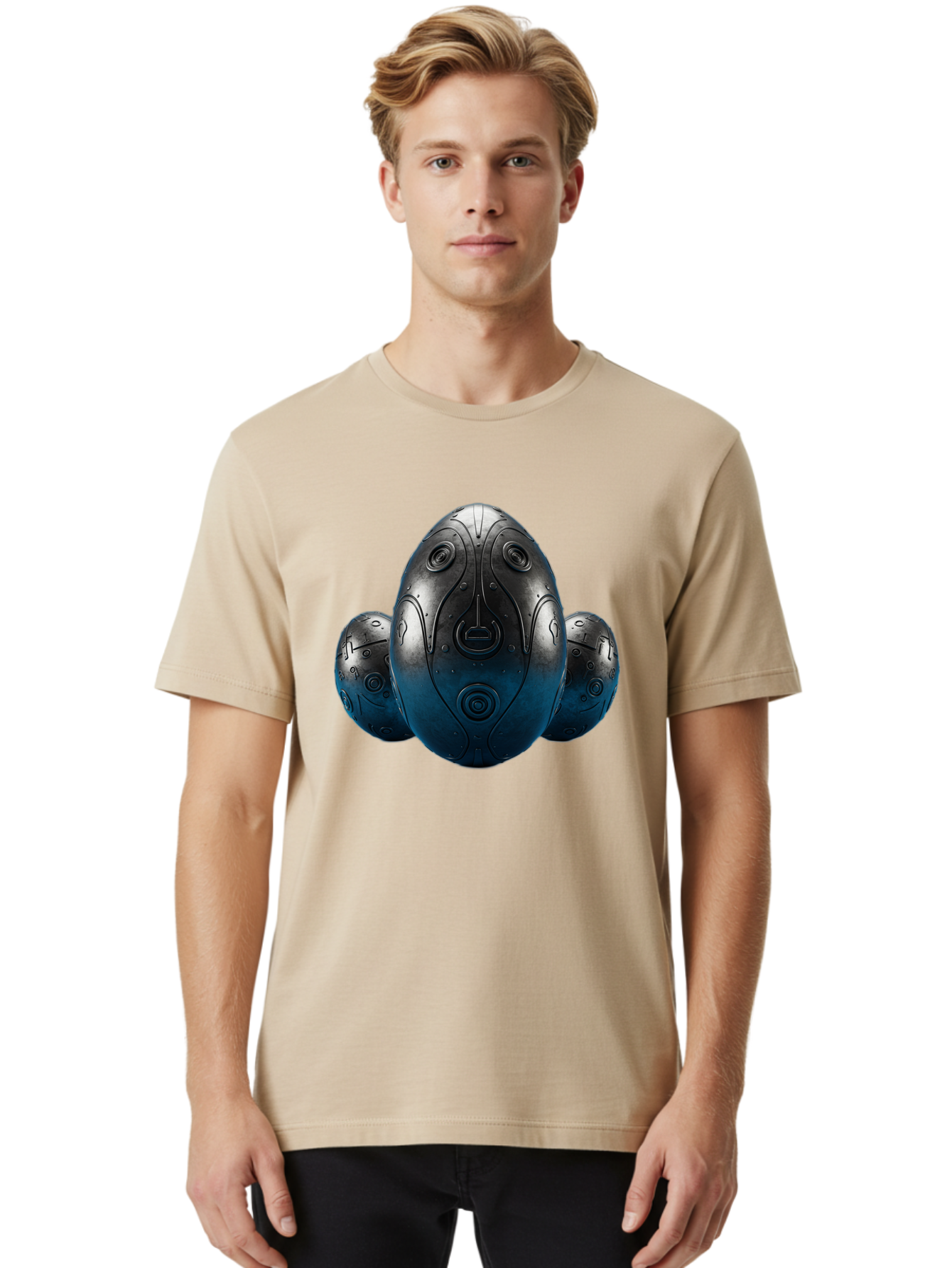 Three-Black-Eggs Men'S Graphic Tee, 100% Cotton, Comfortable Casual Summer Wear, Machine Washable, Futuristic Egg-Shaped Objects, Metallic Surface, Sci-Fi Elements, Egg Designs, Abstract Shapes, Digital Art, Robotic Features Bab531