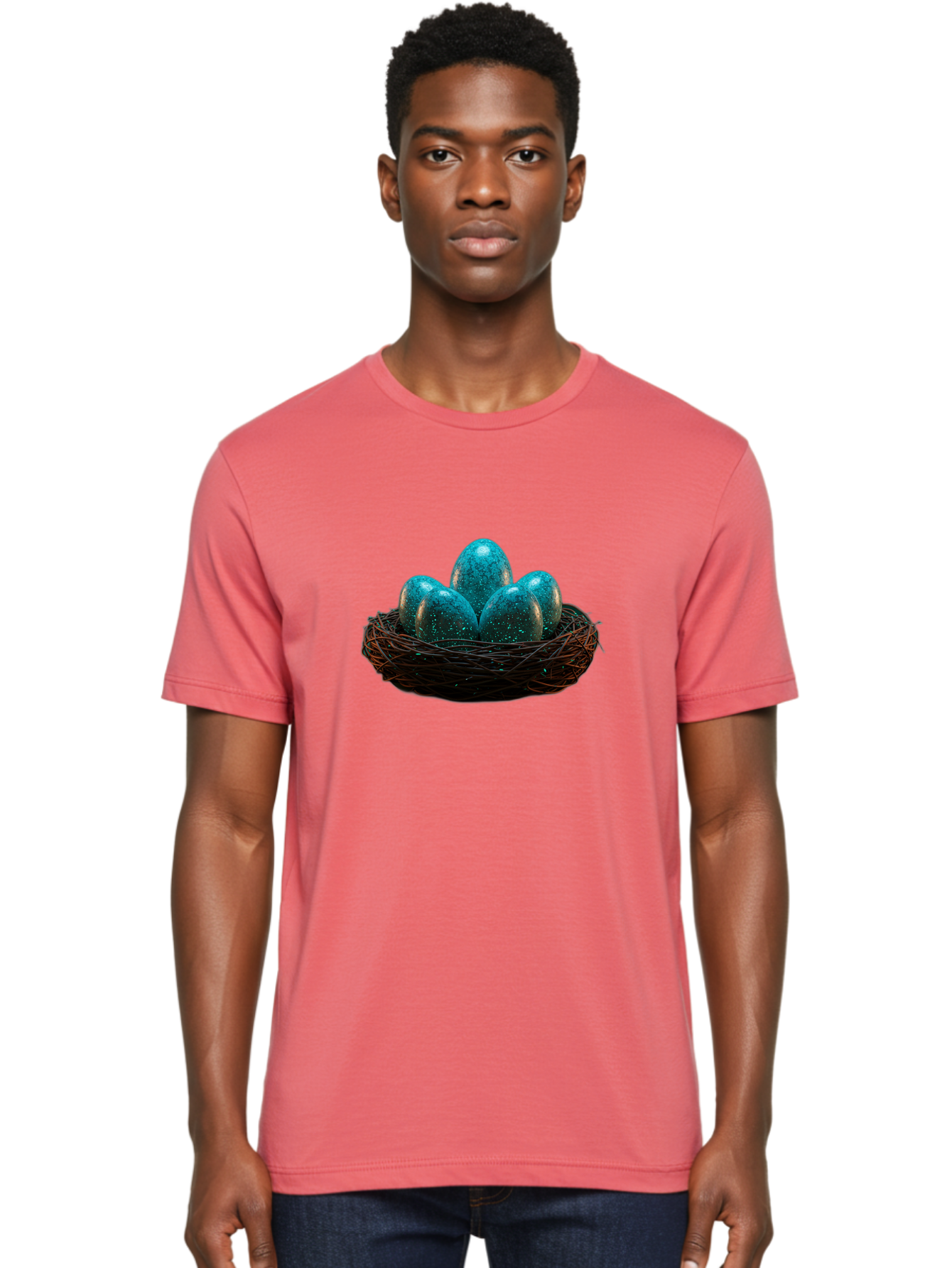 Three-Blue-Eggs-In-A-Nest Men'S Graphic Tee, 100% Cotton, Comfortable Casual Summer Wear, Machine Washable, Blue Eggs, Bird'S Nest, Twig Nest, Speckled Eggs, Shiny Eggs, Natural Elements, Earthy Tones, Symbolic Eggs, Decorative Nest Bab532