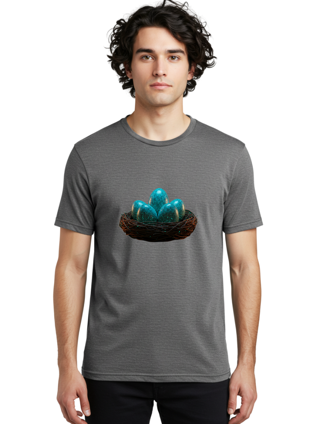 Three-Blue-Eggs-In-A-Nest Men'S Graphic Tee, 100% Cotton, Comfortable Casual Summer Wear, Machine Washable, Blue Eggs, Bird'S Nest, Twig Nest, Speckled Eggs, Shiny Eggs, Natural Elements, Earthy Tones, Symbolic Eggs, Decorative Nest Bab532