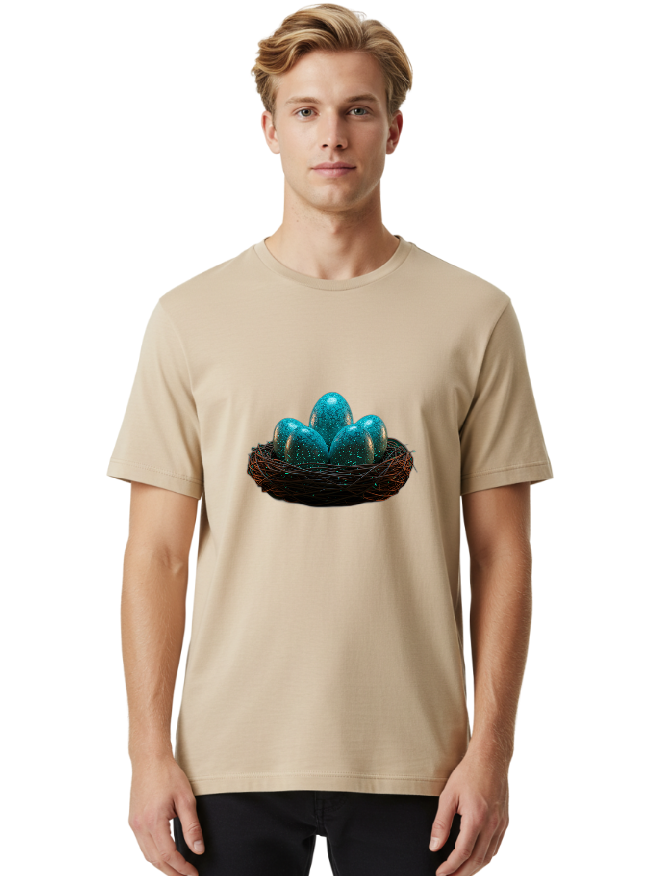 Three-Blue-Eggs-In-A-Nest Men'S Graphic Tee, 100% Cotton, Comfortable Casual Summer Wear, Machine Washable, Blue Eggs, Bird'S Nest, Twig Nest, Speckled Eggs, Shiny Eggs, Natural Elements, Earthy Tones, Symbolic Eggs, Decorative Nest Bab532
