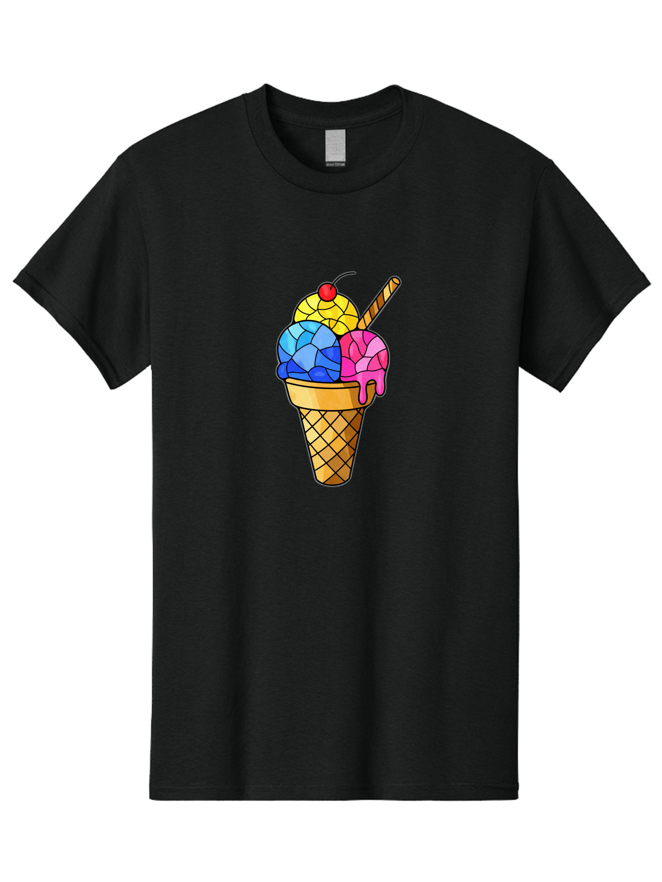 Three-Scoop-Ice-Cream Men'S Graphic Tee, 100% Cotton, Comfortable Casual Summer Wear, Machine Washable, Ice Cream Cone, Three Scoops, Colorful Dessert, Waffle Cone, Wafer Stick, Cherry On Top, Sweet Treat, Colorful Ice Cream Bab533