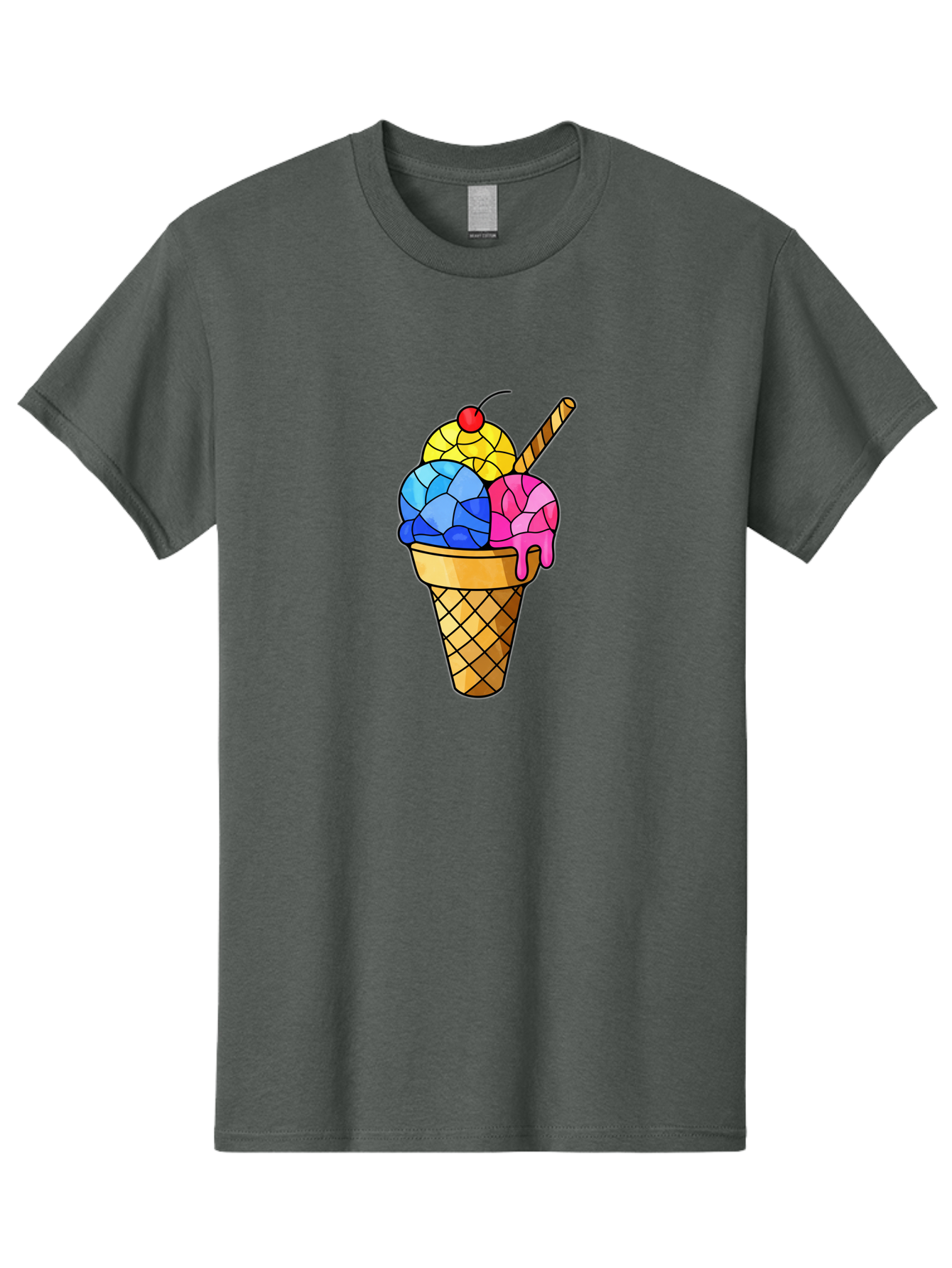 Three-Scoop-Ice-Cream Men'S Graphic Tee, 100% Cotton, Comfortable Casual Summer Wear, Machine Washable, Ice Cream Cone, Three Scoops, Colorful Dessert, Waffle Cone, Wafer Stick, Cherry On Top, Sweet Treat, Colorful Ice Cream Bab533
