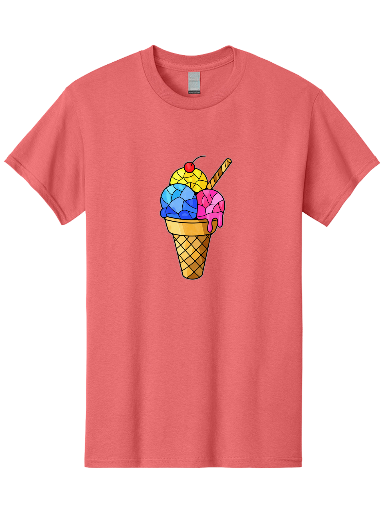 Three-Scoop-Ice-Cream Men'S Graphic Tee, 100% Cotton, Comfortable Casual Summer Wear, Machine Washable, Ice Cream Cone, Three Scoops, Colorful Dessert, Waffle Cone, Wafer Stick, Cherry On Top, Sweet Treat, Colorful Ice Cream Bab533