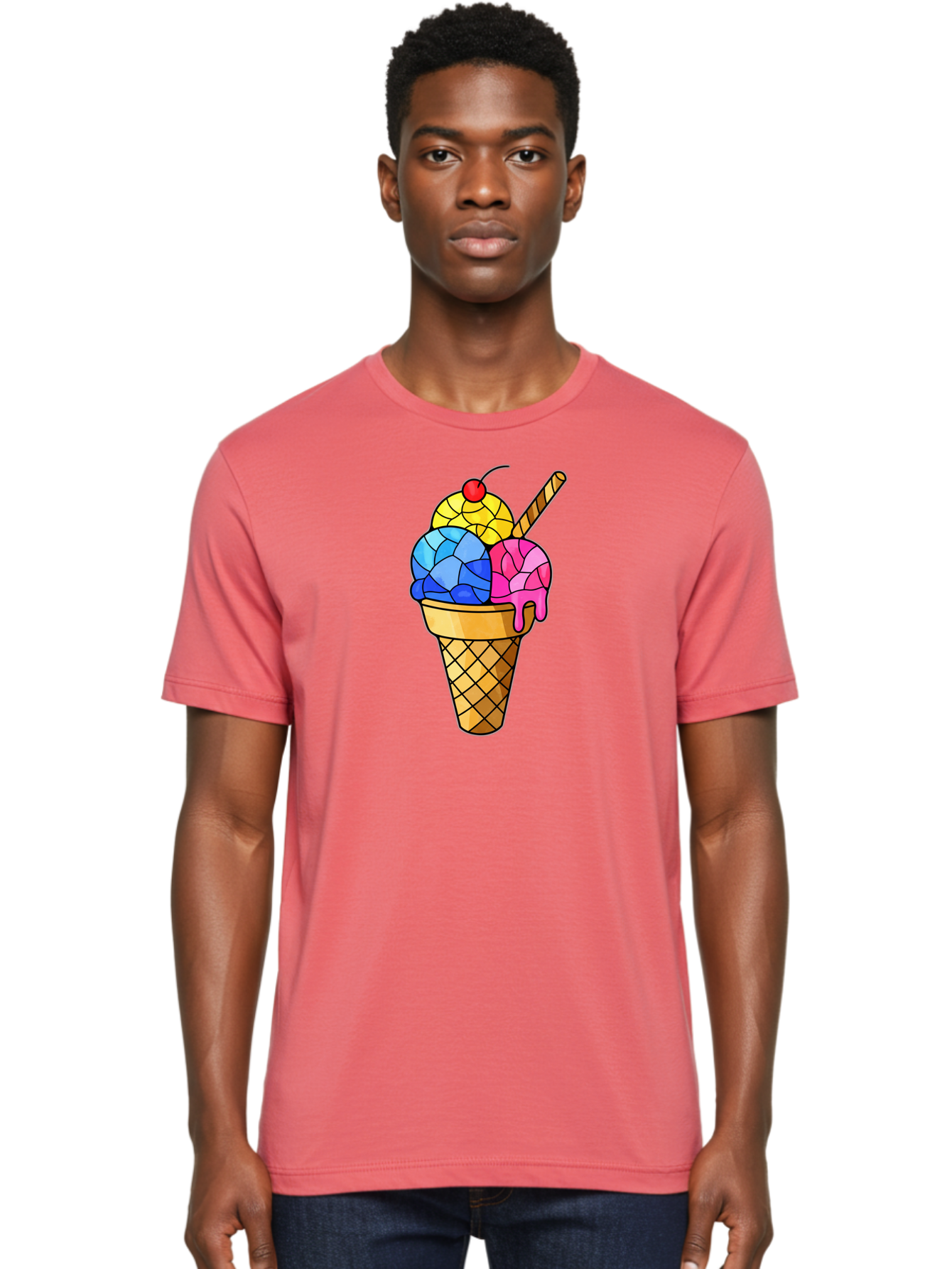 Three-Scoop-Ice-Cream Men'S Graphic Tee, 100% Cotton, Comfortable Casual Summer Wear, Machine Washable, Ice Cream Cone, Three Scoops, Colorful Dessert, Waffle Cone, Wafer Stick, Cherry On Top, Sweet Treat, Colorful Ice Cream Bab533
