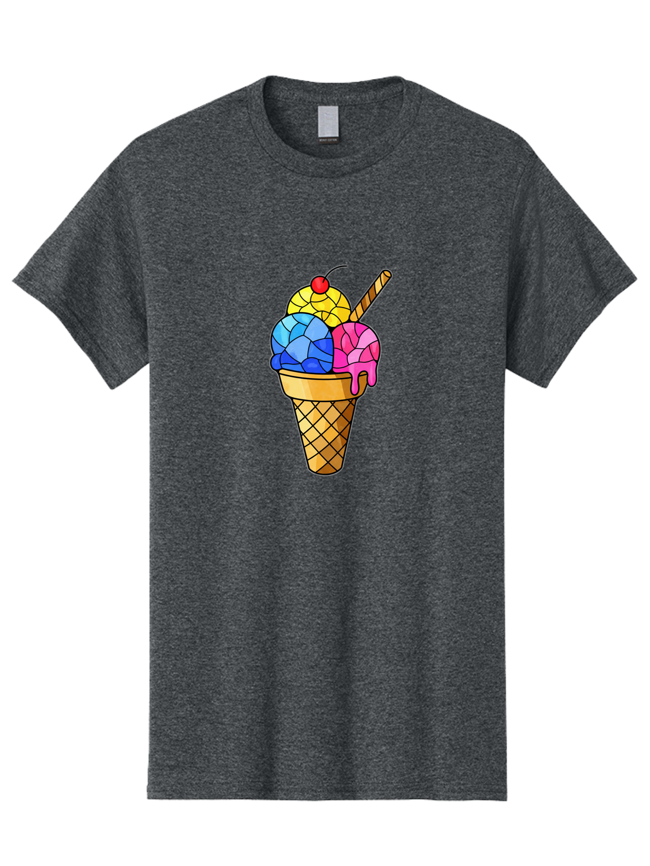 Three-Scoop-Ice-Cream Men'S Graphic Tee, 100% Cotton, Comfortable Casual Summer Wear, Machine Washable, Ice Cream Cone, Three Scoops, Colorful Dessert, Waffle Cone, Wafer Stick, Cherry On Top, Sweet Treat, Colorful Ice Cream Bab533