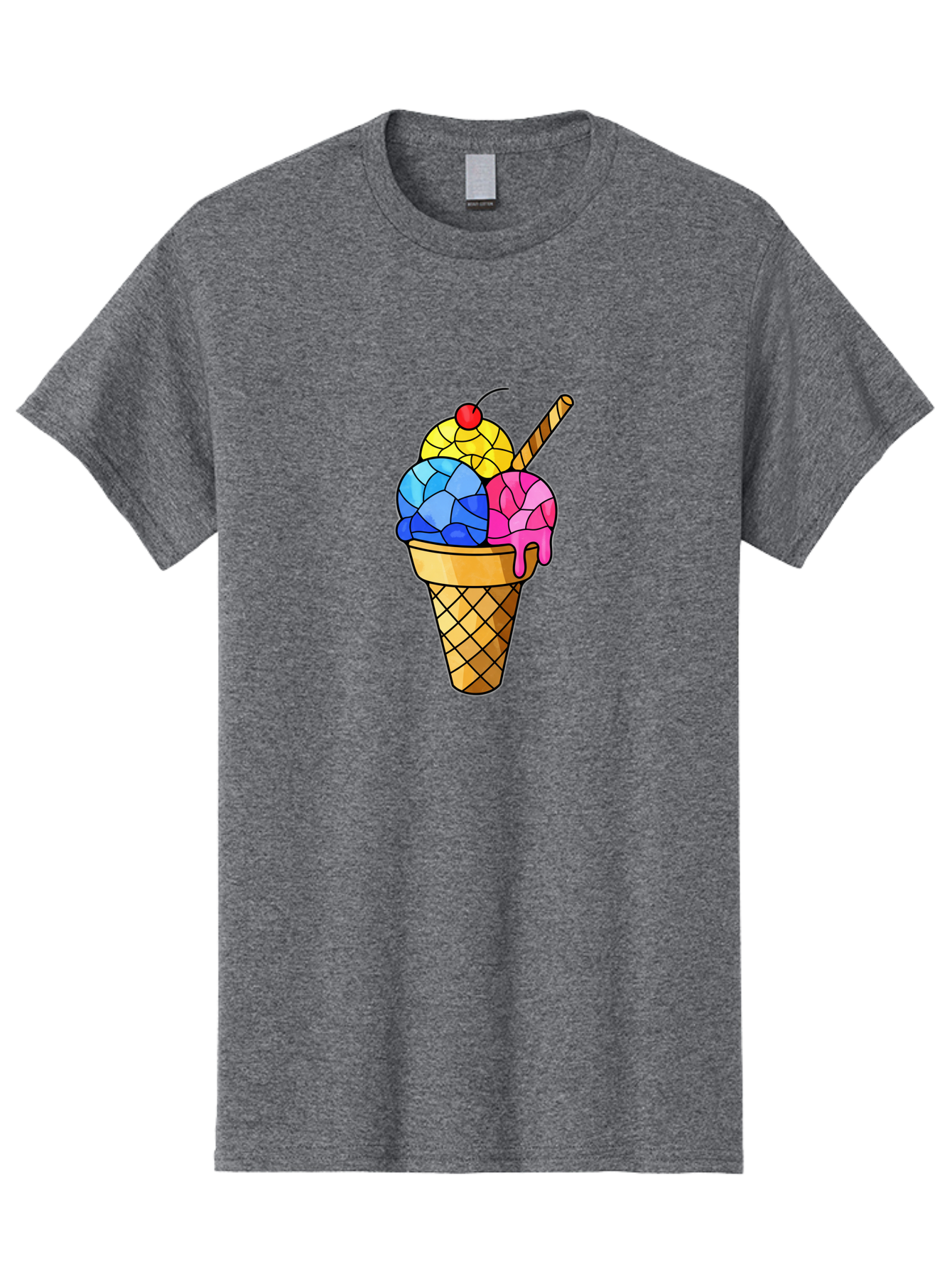 Three-Scoop-Ice-Cream Men'S Graphic Tee, 100% Cotton, Comfortable Casual Summer Wear, Machine Washable, Ice Cream Cone, Three Scoops, Colorful Dessert, Waffle Cone, Wafer Stick, Cherry On Top, Sweet Treat, Colorful Ice Cream Bab533