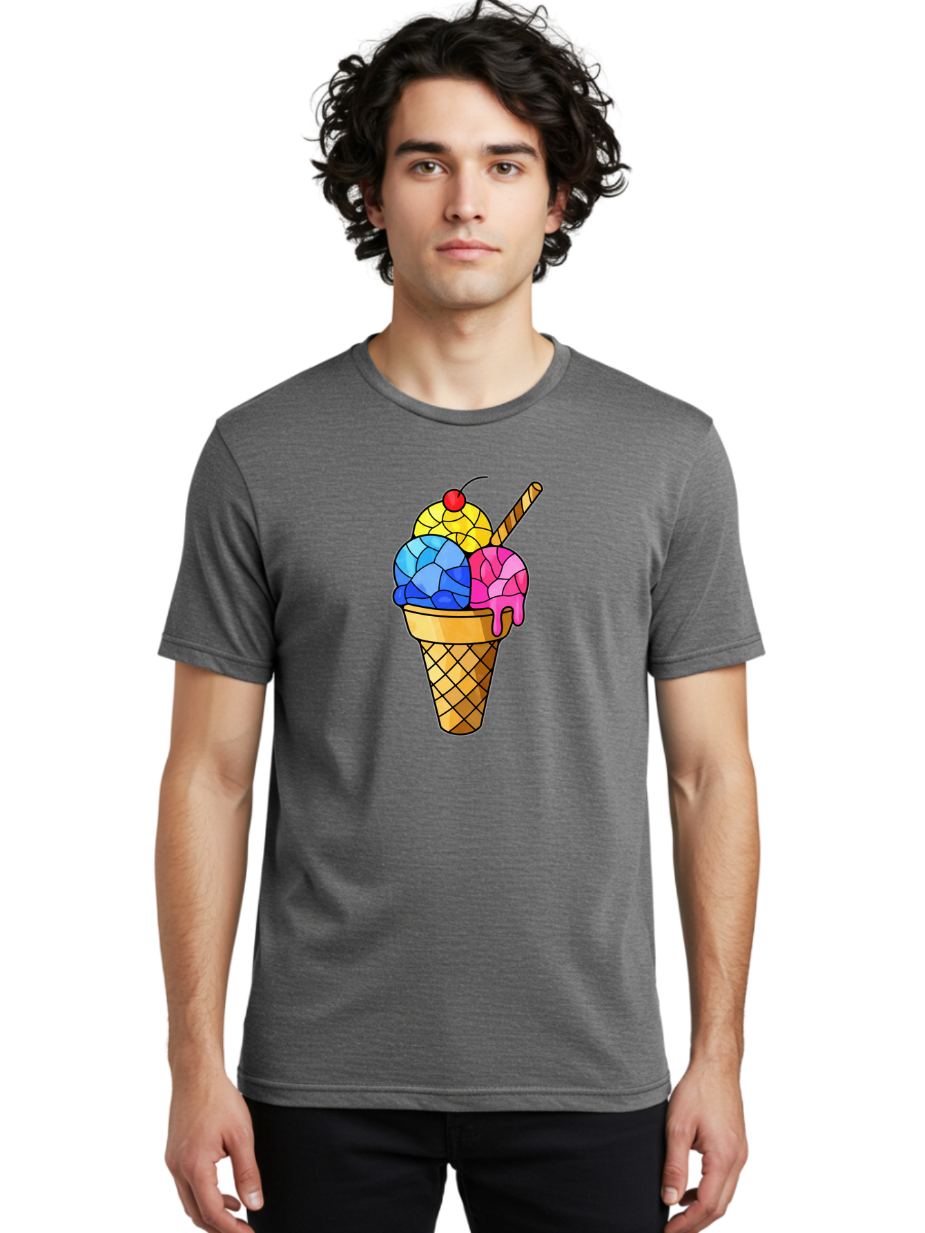 Three-Scoop-Ice-Cream Men'S Graphic Tee, 100% Cotton, Comfortable Casual Summer Wear, Machine Washable, Ice Cream Cone, Three Scoops, Colorful Dessert, Waffle Cone, Wafer Stick, Cherry On Top, Sweet Treat, Colorful Ice Cream Bab533
