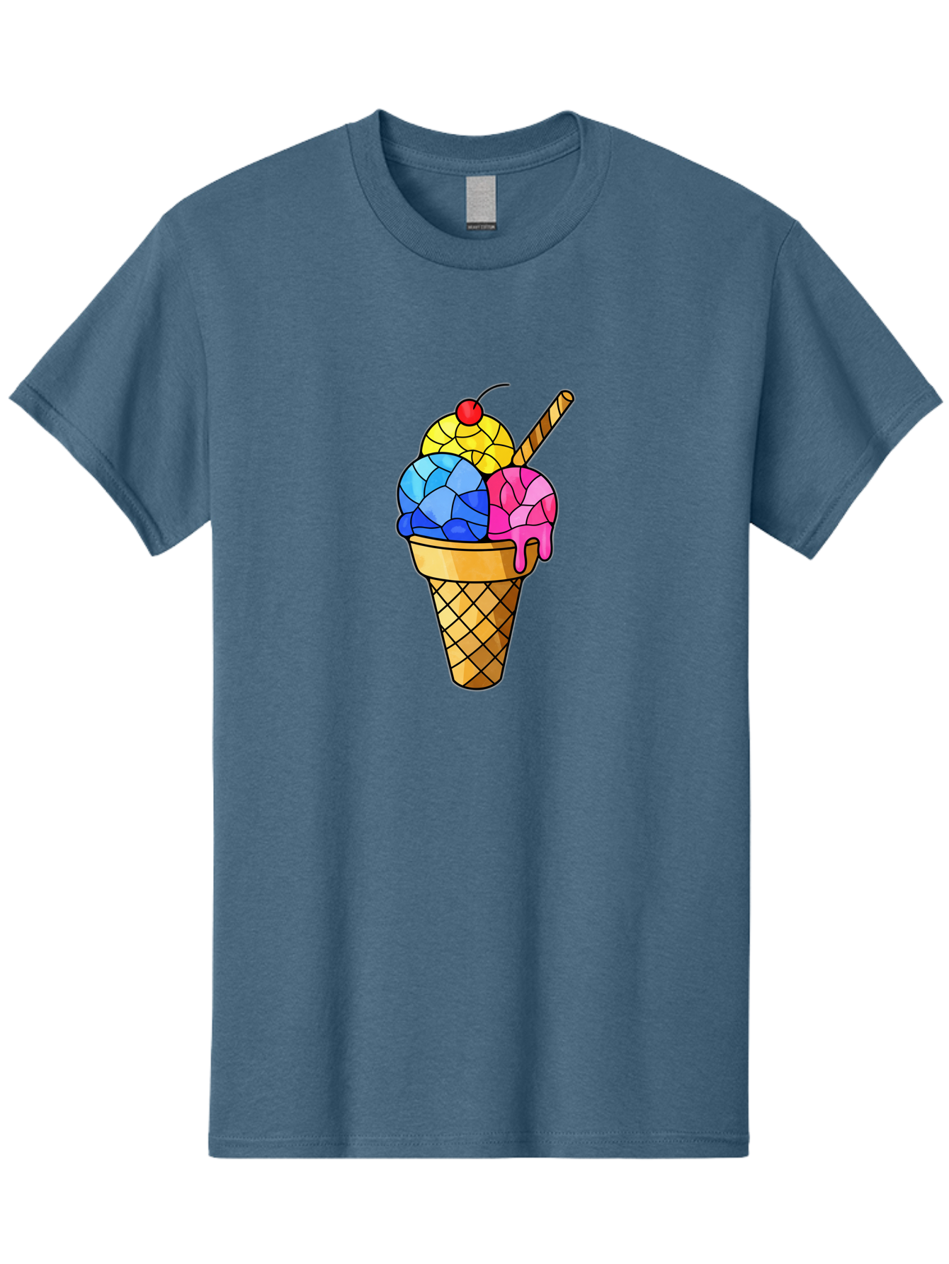 Three-Scoop-Ice-Cream Men'S Graphic Tee, 100% Cotton, Comfortable Casual Summer Wear, Machine Washable, Ice Cream Cone, Three Scoops, Colorful Dessert, Waffle Cone, Wafer Stick, Cherry On Top, Sweet Treat, Colorful Ice Cream Bab533