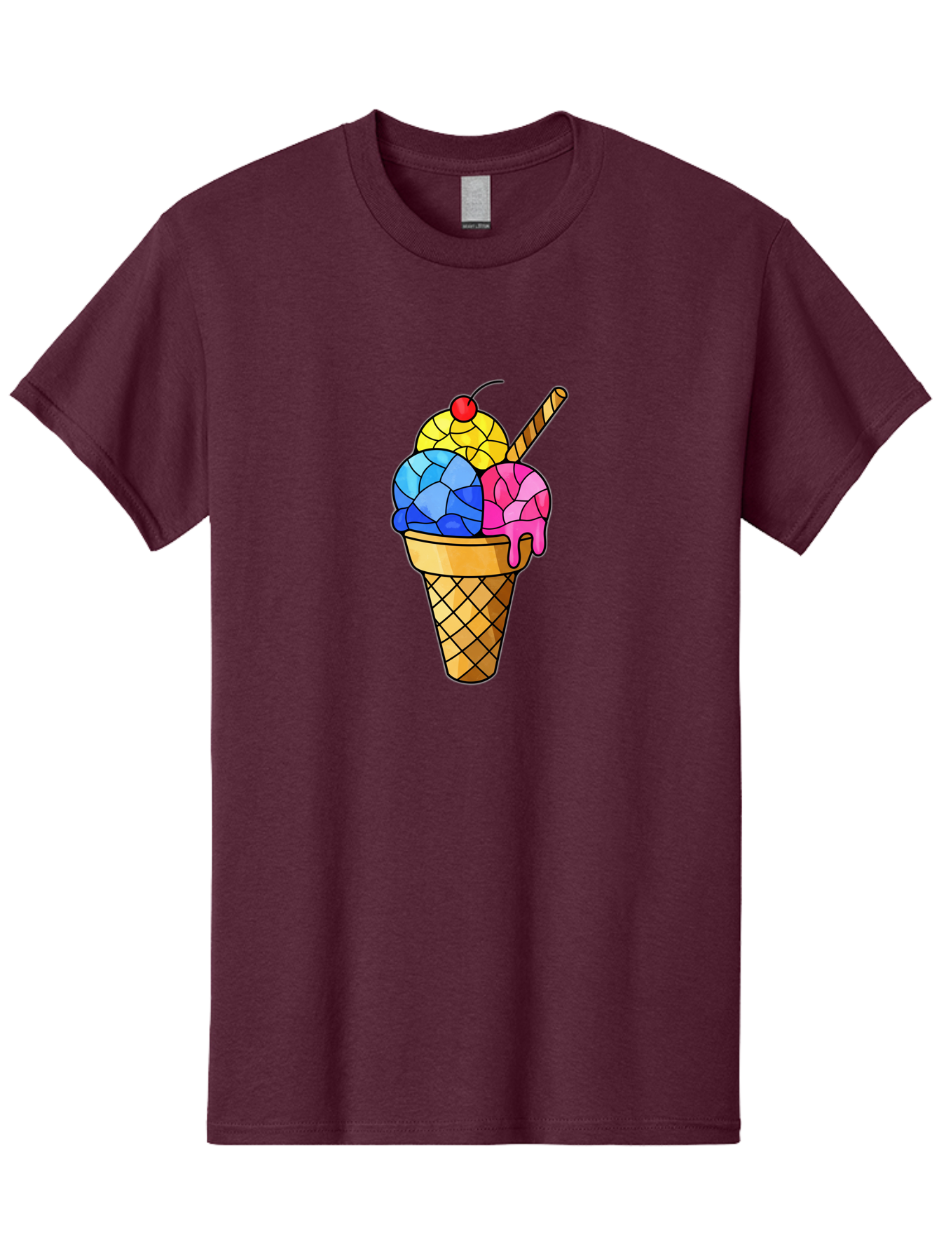 Three-Scoop-Ice-Cream Men'S Graphic Tee, 100% Cotton, Comfortable Casual Summer Wear, Machine Washable, Ice Cream Cone, Three Scoops, Colorful Dessert, Waffle Cone, Wafer Stick, Cherry On Top, Sweet Treat, Colorful Ice Cream Bab533