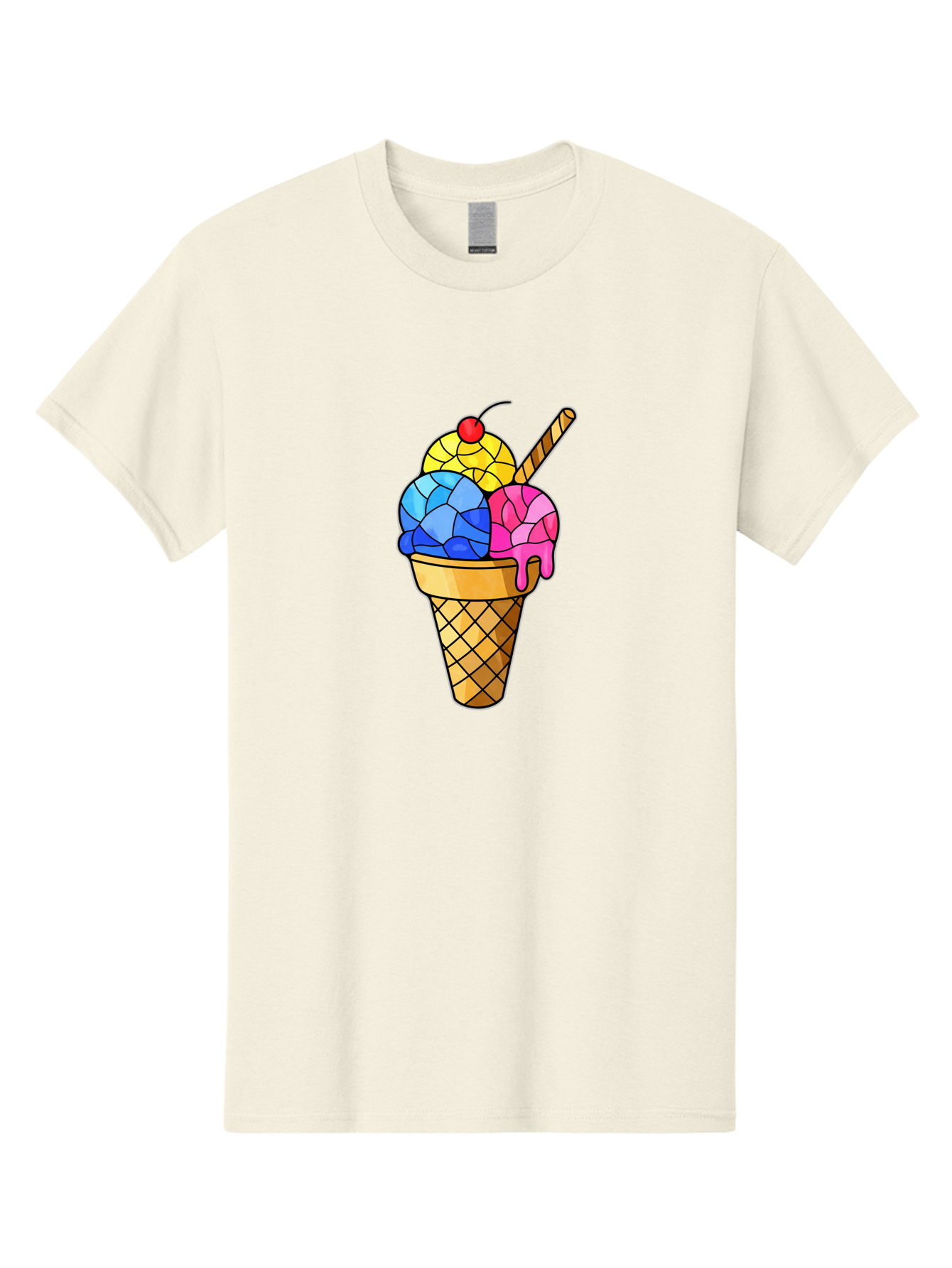 Three-Scoop-Ice-Cream Men'S Graphic Tee, 100% Cotton, Comfortable Casual Summer Wear, Machine Washable, Ice Cream Cone, Three Scoops, Colorful Dessert, Waffle Cone, Wafer Stick, Cherry On Top, Sweet Treat, Colorful Ice Cream Bab533