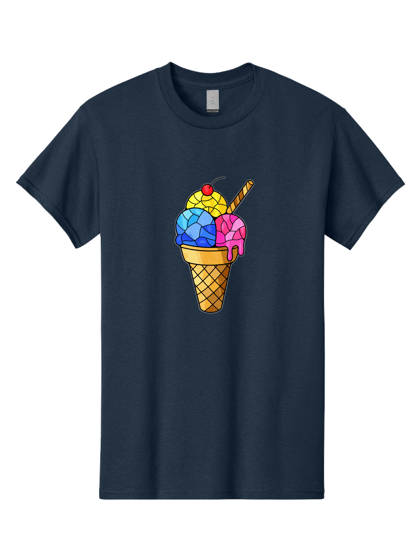 Three-Scoop-Ice-Cream Men'S Graphic Tee, 100% Cotton, Comfortable Casual Summer Wear, Machine Washable, Ice Cream Cone, Three Scoops, Colorful Dessert, Waffle Cone, Wafer Stick, Cherry On Top, Sweet Treat, Colorful Ice Cream Bab533