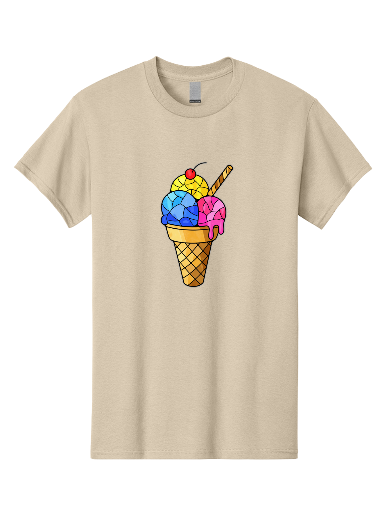 Three-Scoop-Ice-Cream Men'S Graphic Tee, 100% Cotton, Comfortable Casual Summer Wear, Machine Washable, Ice Cream Cone, Three Scoops, Colorful Dessert, Waffle Cone, Wafer Stick, Cherry On Top, Sweet Treat, Colorful Ice Cream Bab533
