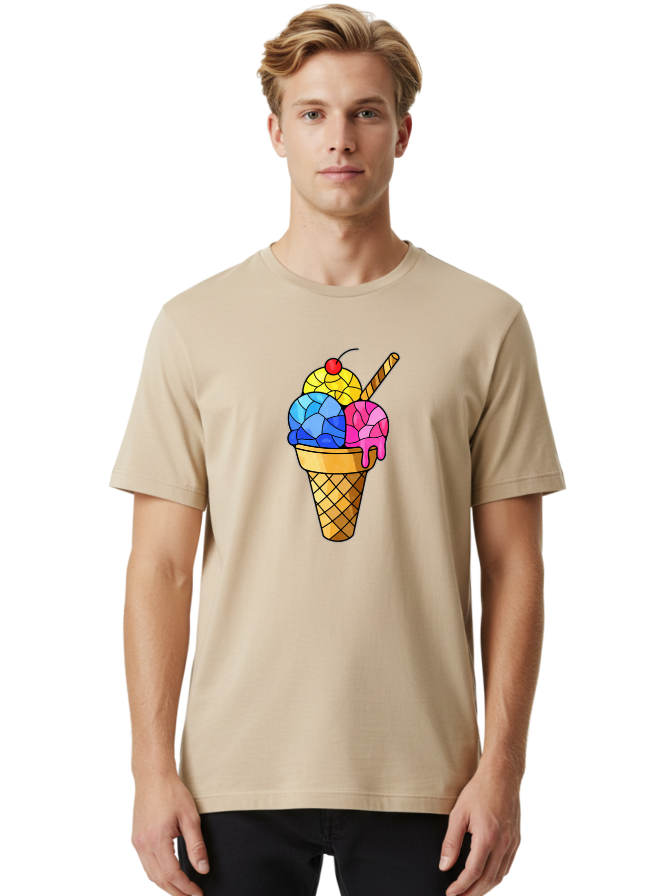 Three-Scoop-Ice-Cream Men'S Graphic Tee, 100% Cotton, Comfortable Casual Summer Wear, Machine Washable, Ice Cream Cone, Three Scoops, Colorful Dessert, Waffle Cone, Wafer Stick, Cherry On Top, Sweet Treat, Colorful Ice Cream Bab533
