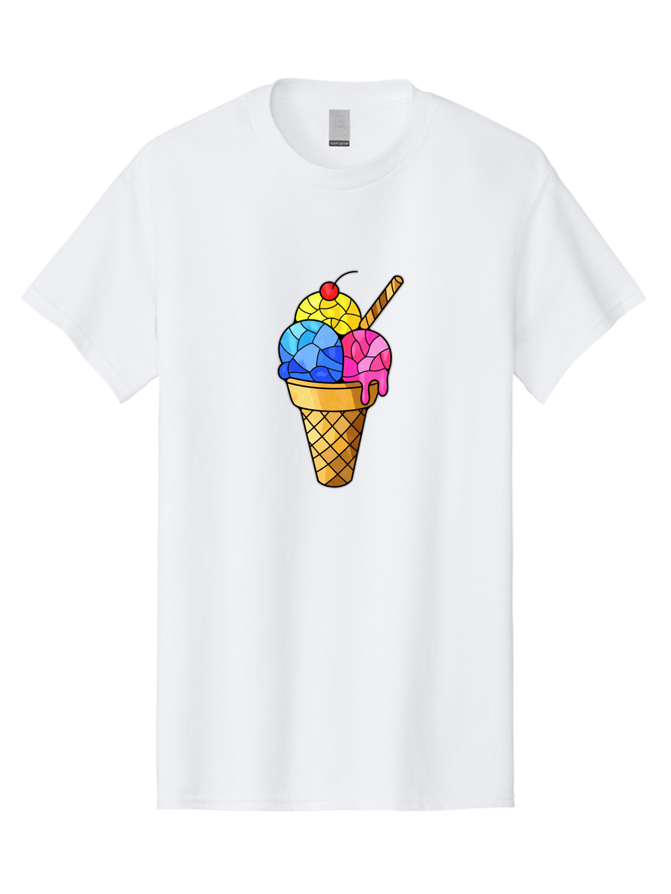 Three-Scoop-Ice-Cream Men'S Graphic Tee, 100% Cotton, Comfortable Casual Summer Wear, Machine Washable, Ice Cream Cone, Three Scoops, Colorful Dessert, Waffle Cone, Wafer Stick, Cherry On Top, Sweet Treat, Colorful Ice Cream Bab533