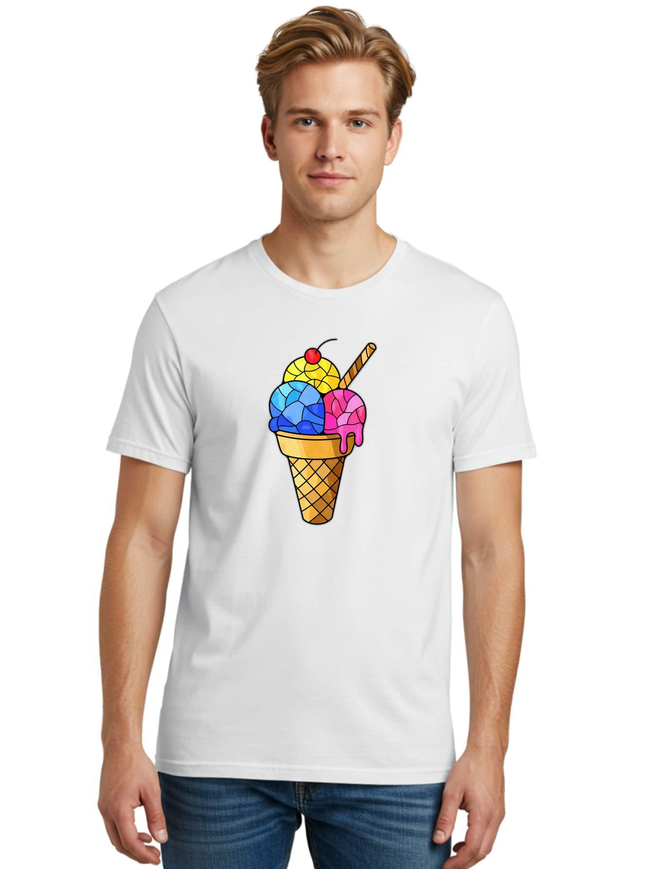 Three-Scoop-Ice-Cream Men'S Graphic Tee, 100% Cotton, Comfortable Casual Summer Wear, Machine Washable, Ice Cream Cone, Three Scoops, Colorful Dessert, Waffle Cone, Wafer Stick, Cherry On Top, Sweet Treat, Colorful Ice Cream Bab533