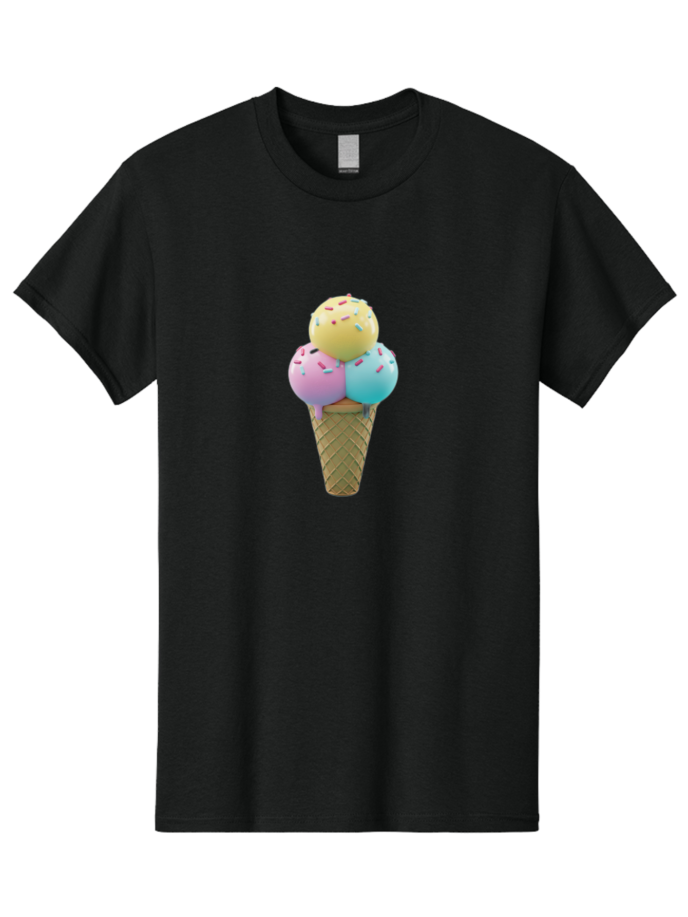 Three-Scoops-Ice-Cream-1 Men'S Graphic Tee, 100% Cotton, Comfortable Casual Summer Wear, Machine Washable, Ice Cream Cone, Three Scoops, Colorful Sprinkles, Yellow, Pink, Blue Ice Cream, Sweet Treats, Dessert, Colorful Dessert Bab534
